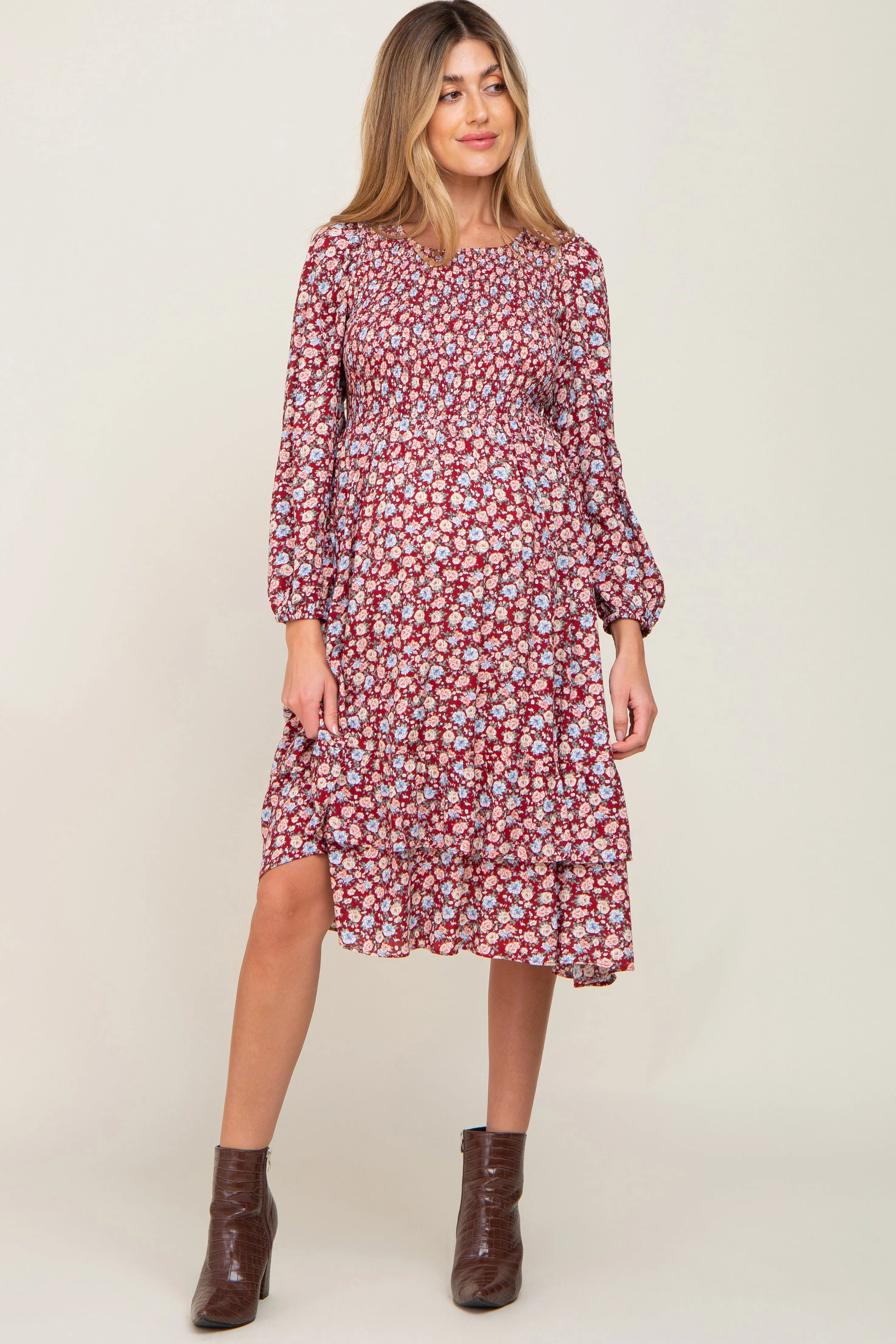 Burgundy Floral Smocked Long Sleeve Maternity Midi Dress sold by Pinkblush product image thumbnail 2