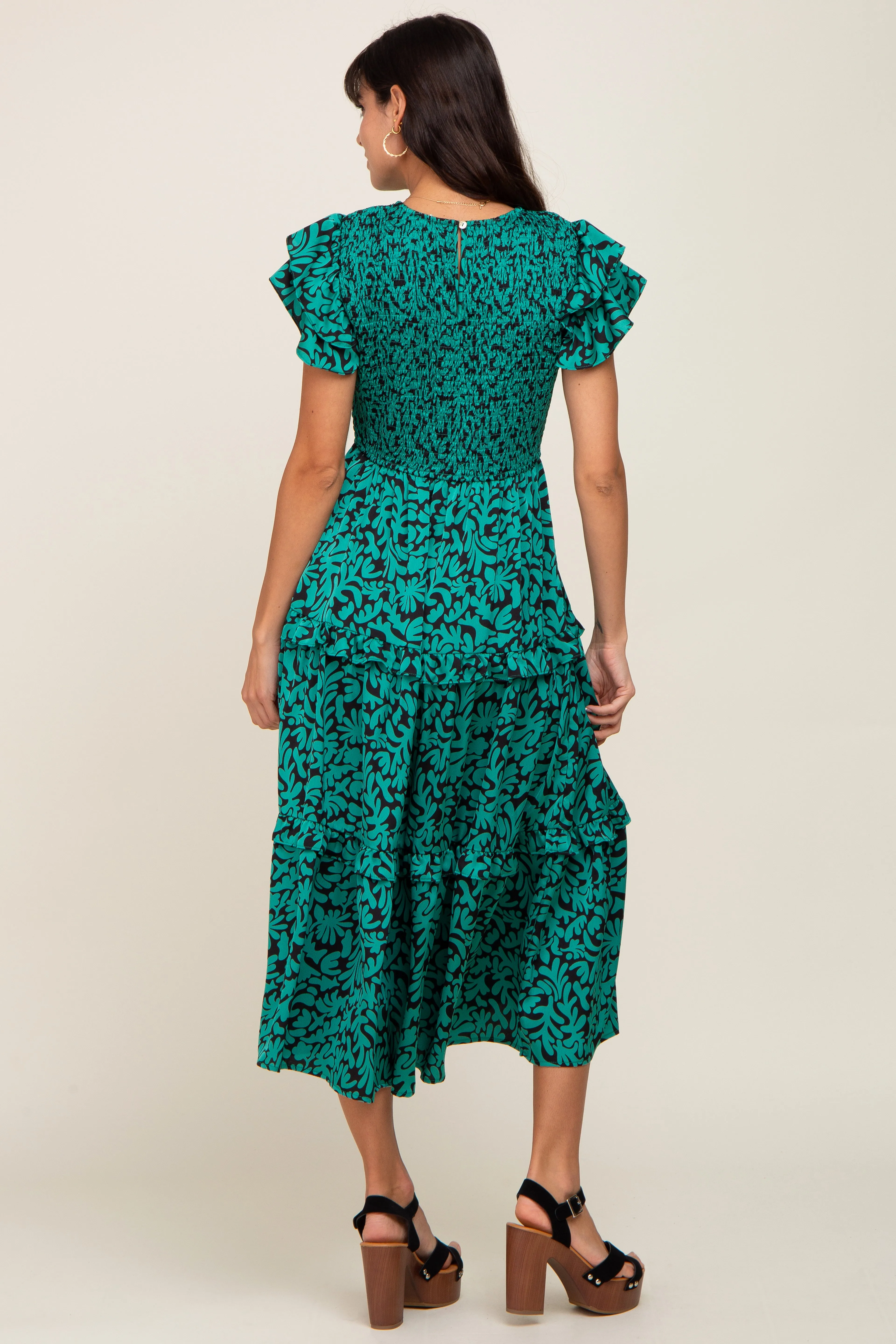 Green Print Smocked Ruffle Tiered Midi Dress sold by Pinkblush product image thumbnail 3