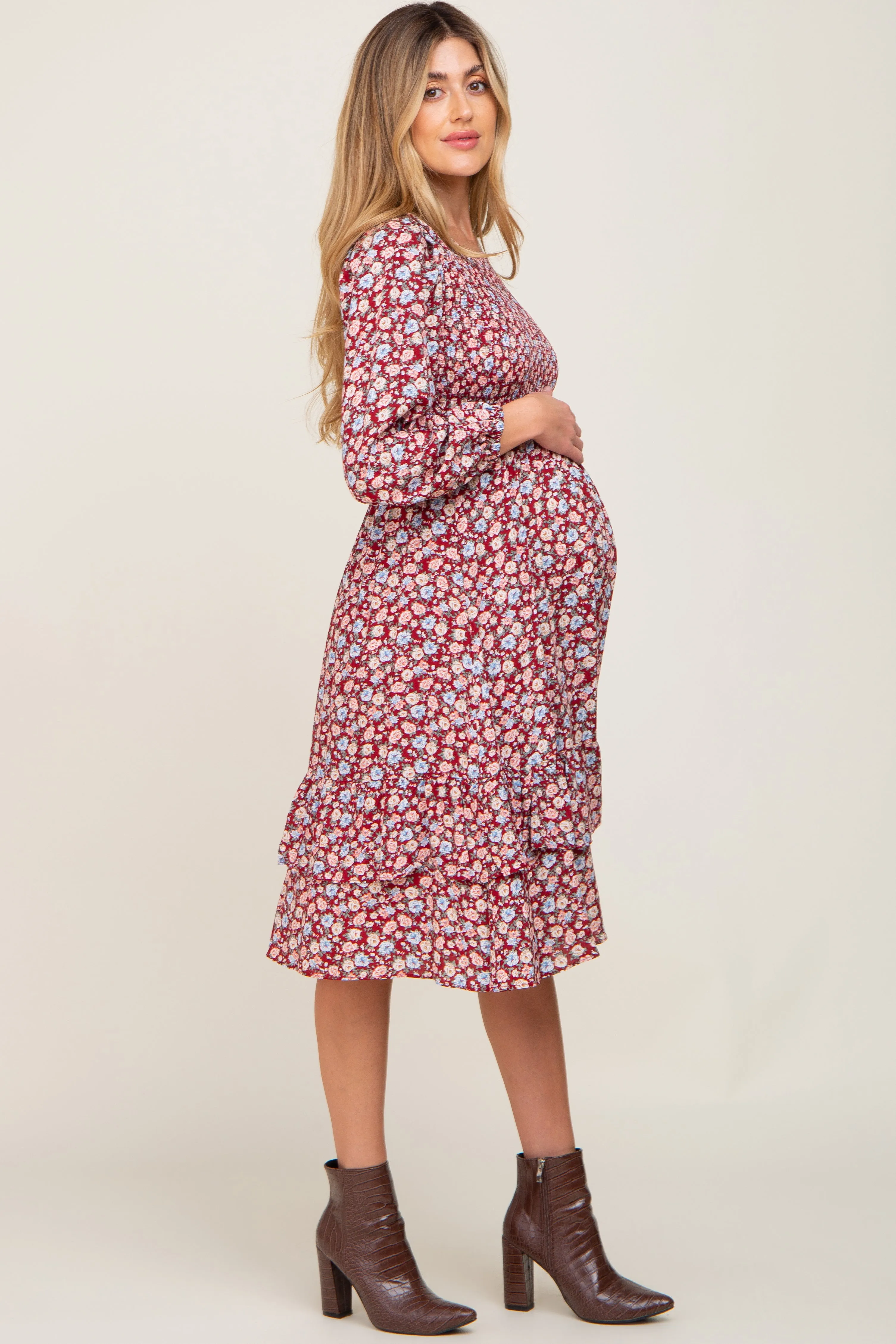 Burgundy Floral Smocked Long Sleeve Maternity Midi Dress sold by Pinkblush product image thumbnail 3