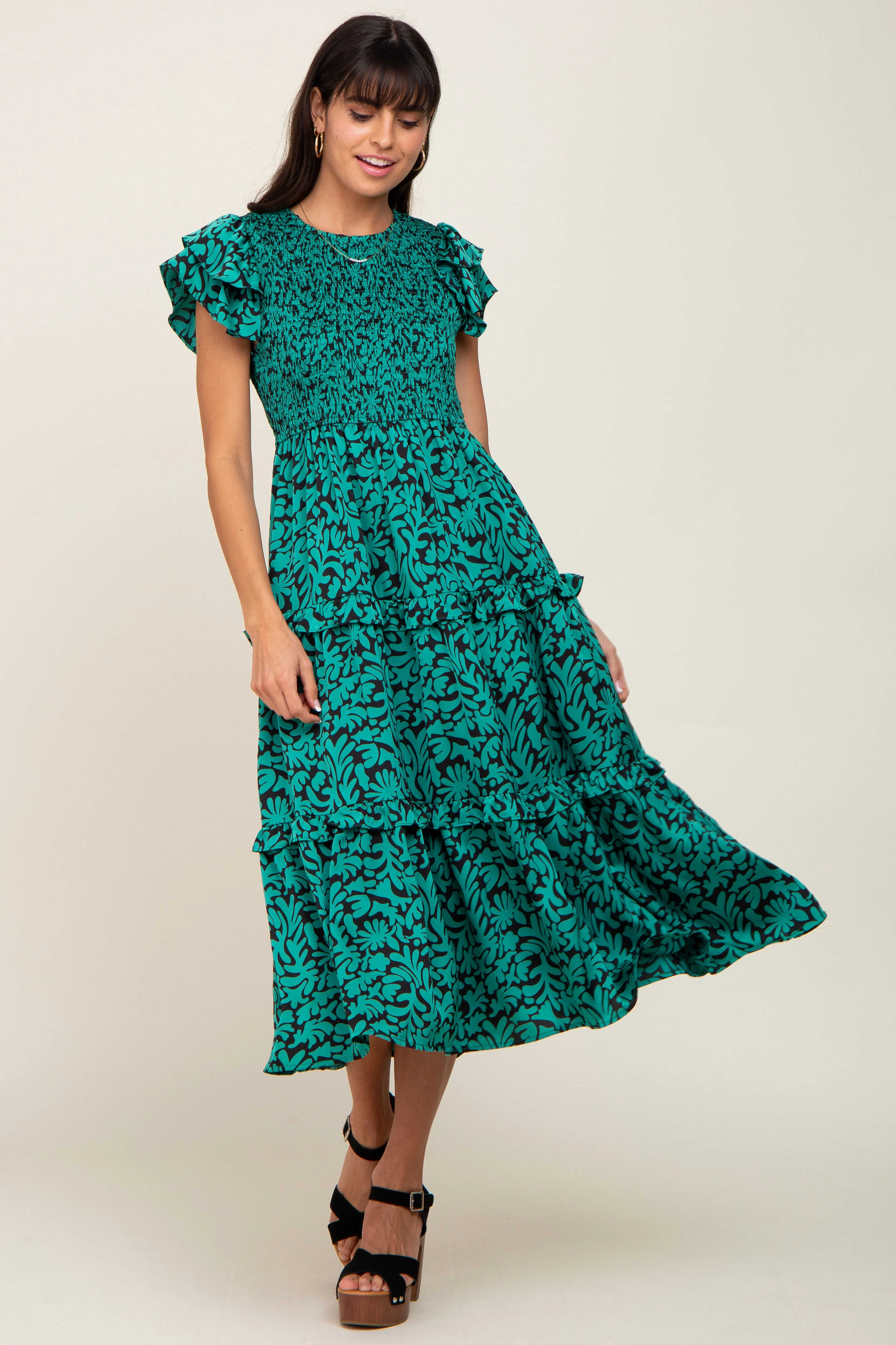 Green Print Smocked Ruffle Tiered Midi Dress sold by Pinkblush product image thumbnail 4