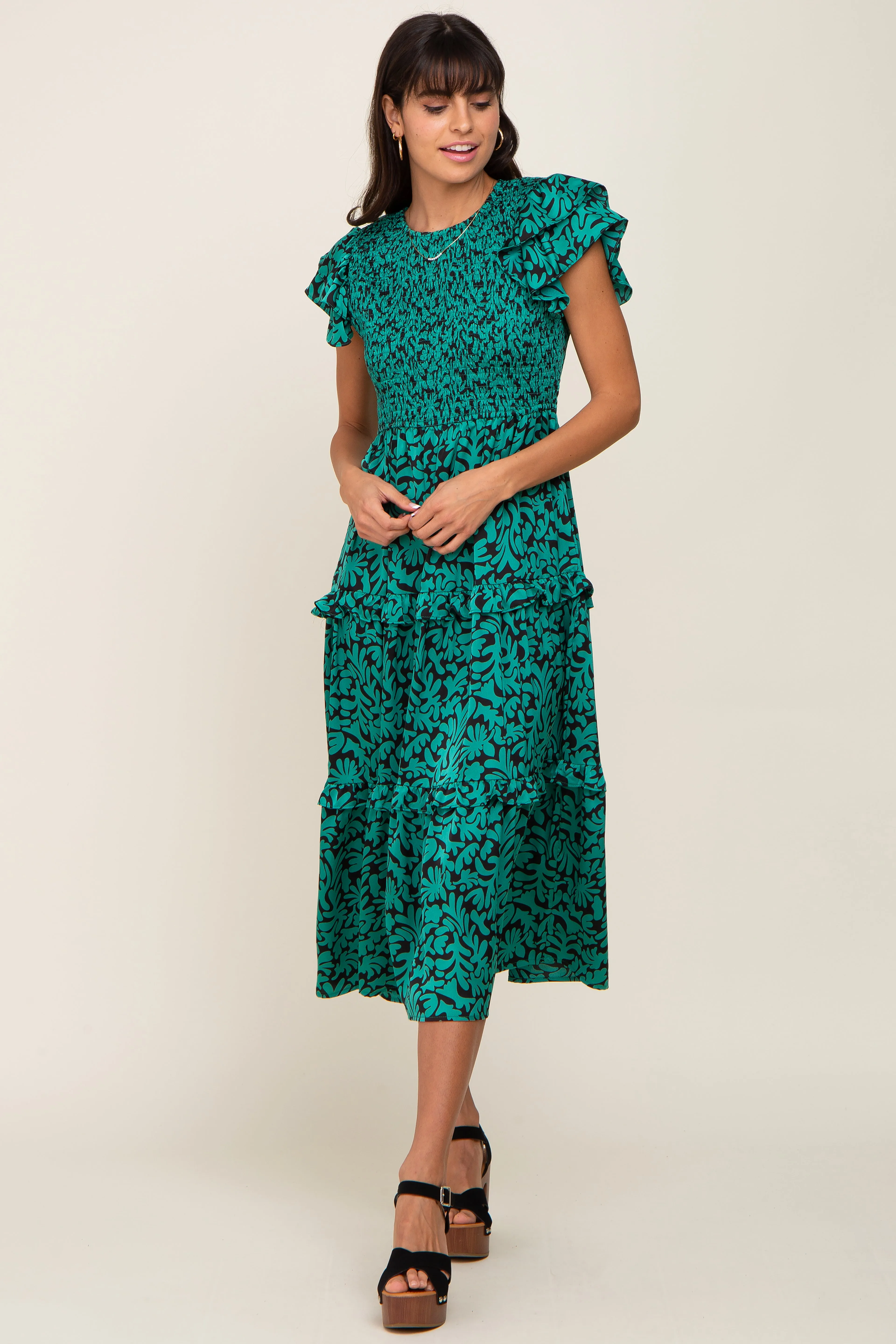 Green Print Smocked Ruffle Tiered Midi Dress sold by Pinkblush