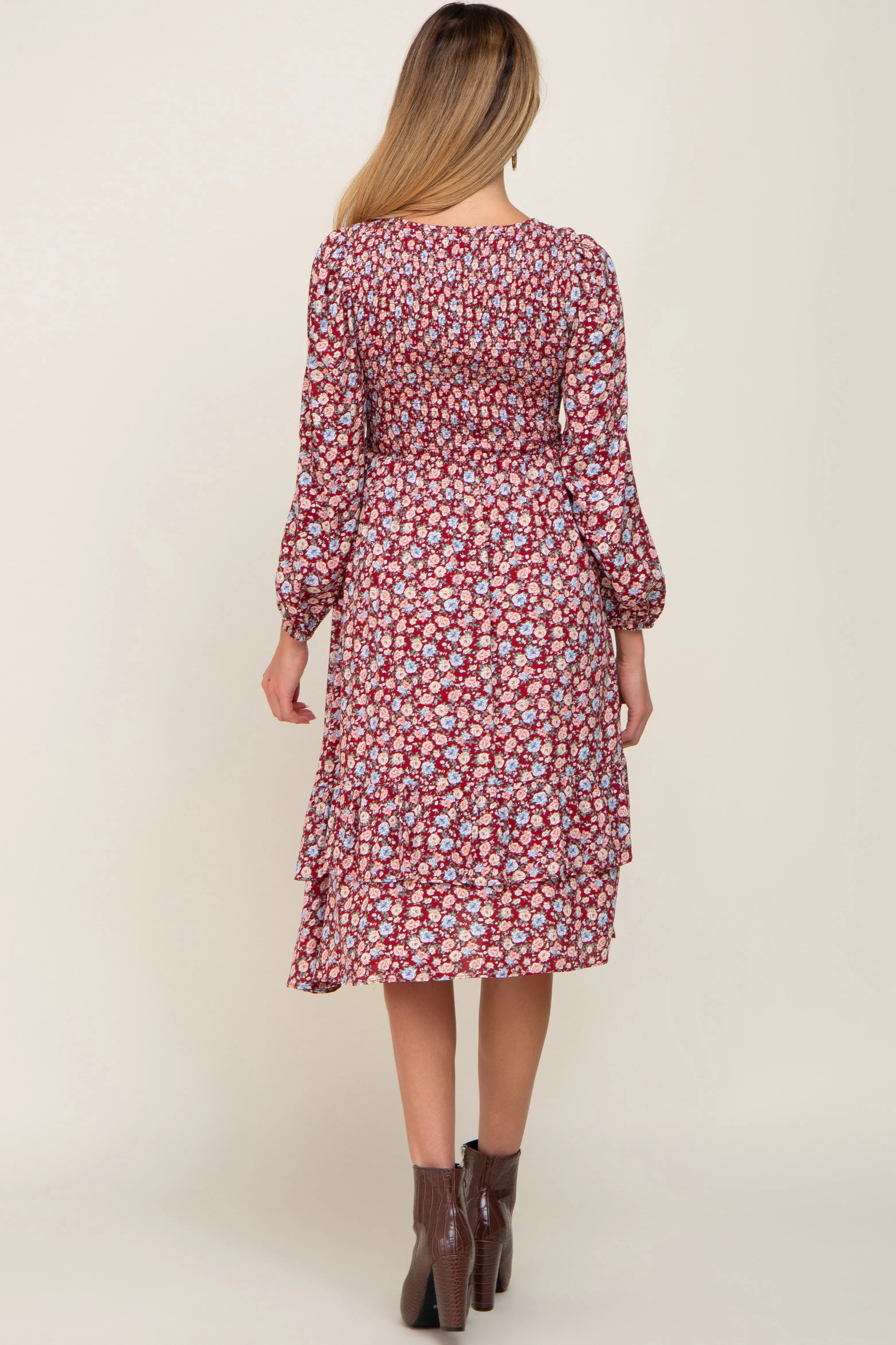 Burgundy Floral Smocked Long Sleeve Maternity Midi Dress sold by Pinkblush product image thumbnail 4