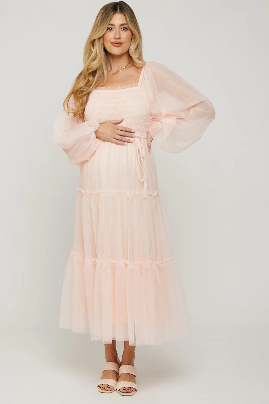 Light Pink Mesh Tiered Long Sleeve Maternity Maxi Dress sold by Pinkblush