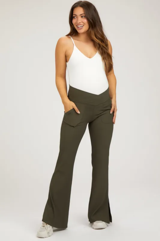 Olive V-Waist Ribbed Bootcut Maternity Leggings sold by Pinkblush