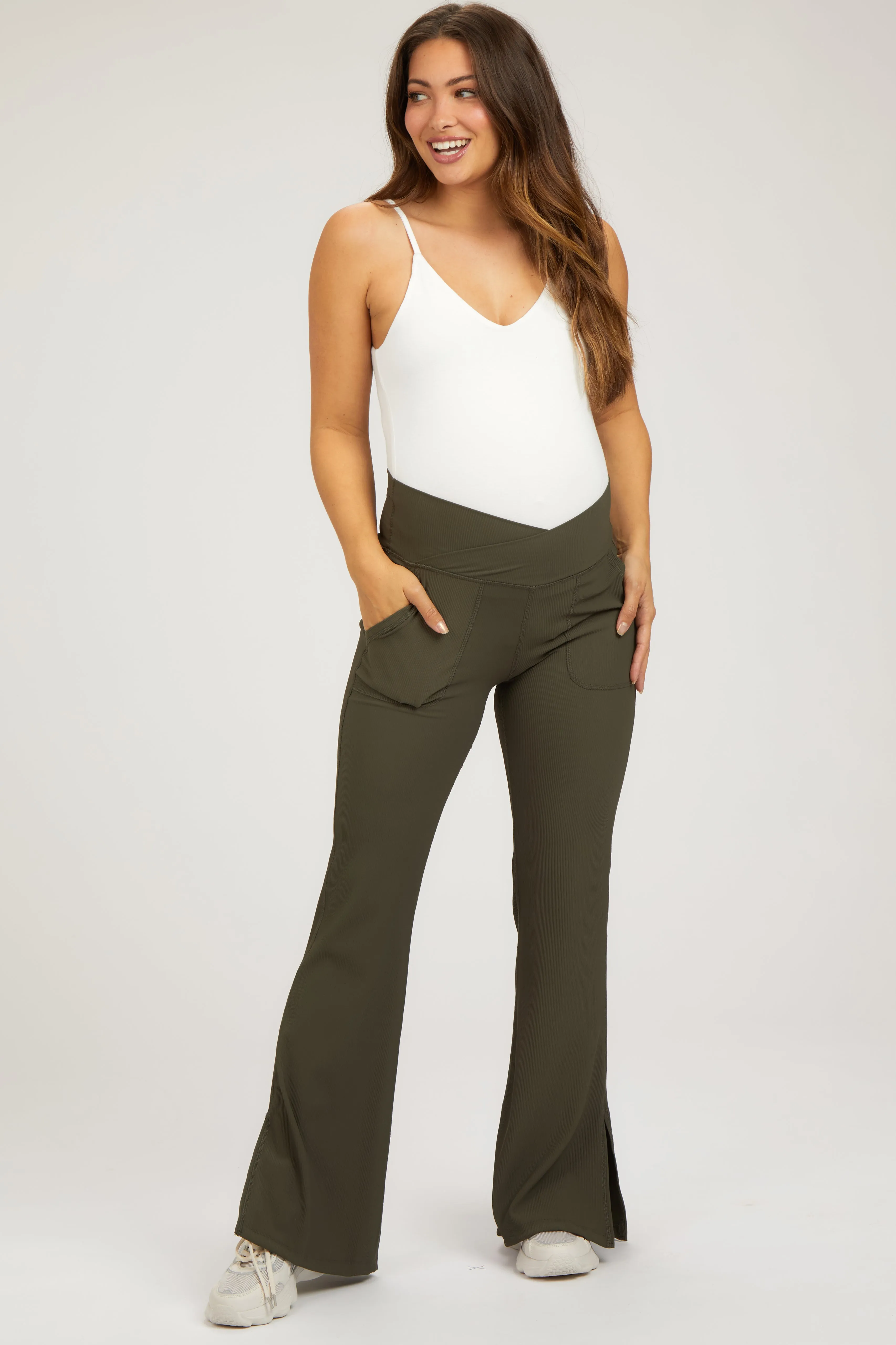 Olive V-Waist Ribbed Bootcut Maternity Leggings sold by Pinkblush