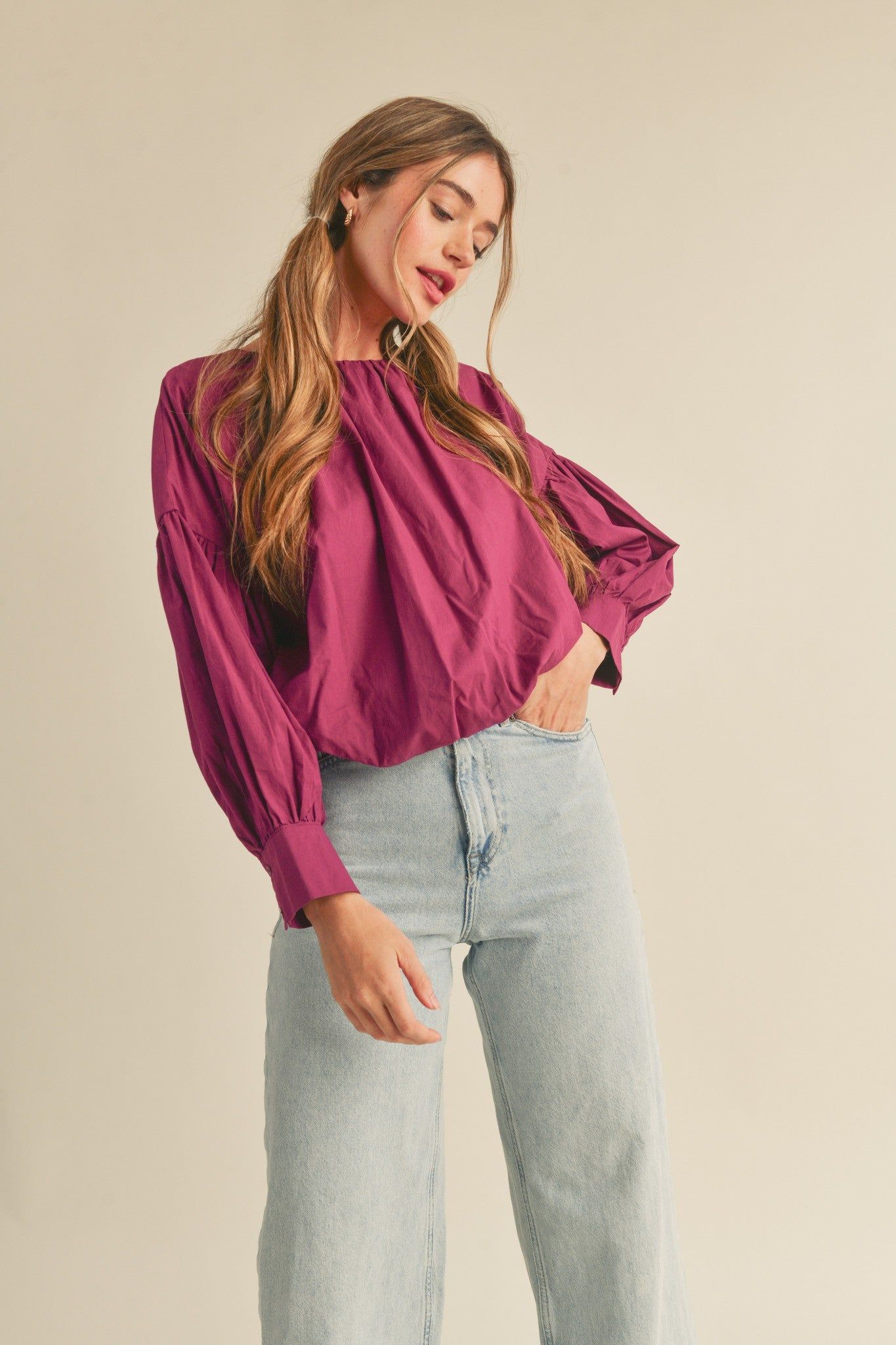 Magenta Balloon Sleeve Cropped Bubble Hem Top sold by Pinkblush product image thumbnail 2