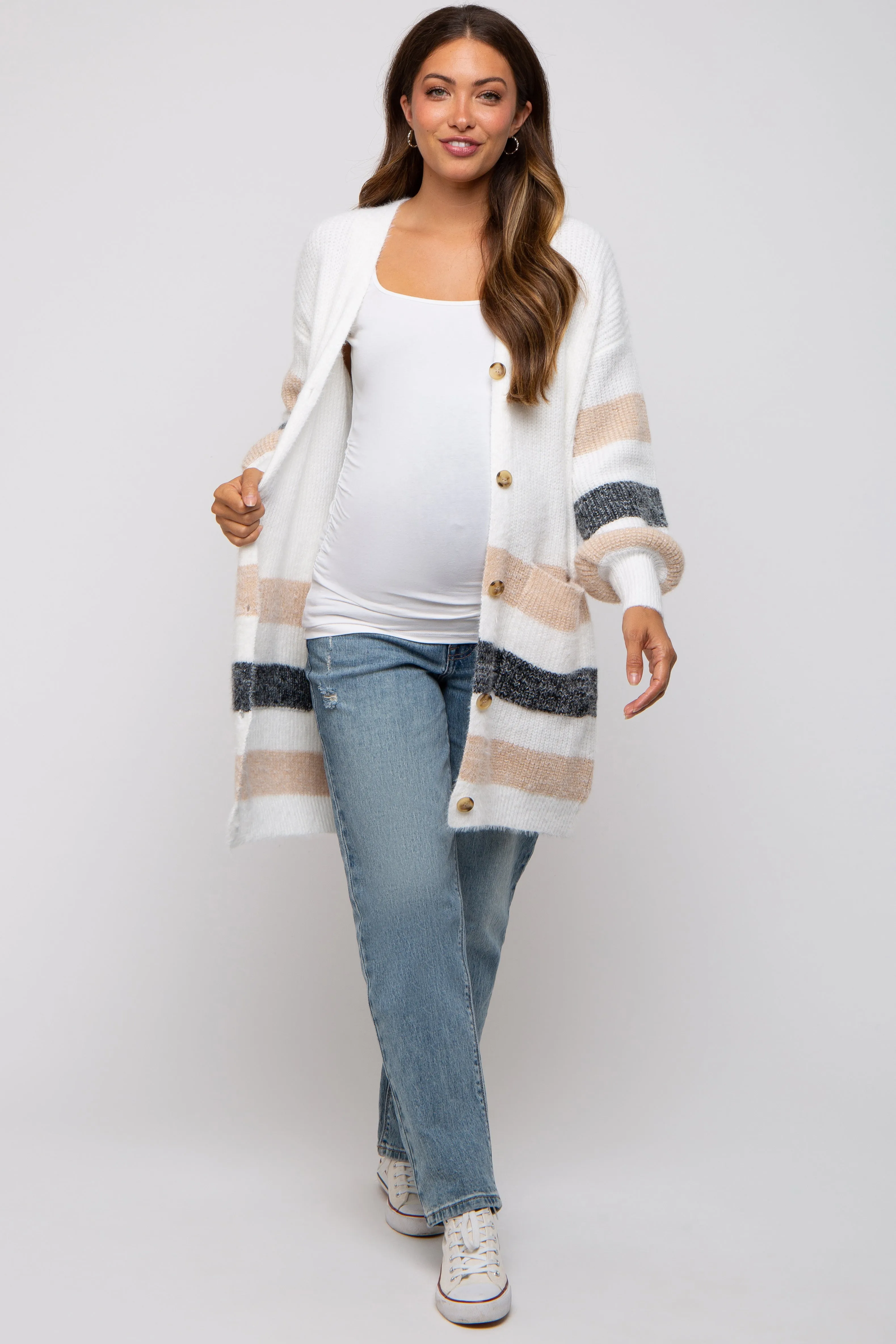 White Striped Eyelash Knit Button Front Maternity Cardigan sold by Pinkblush product image thumbnail 5