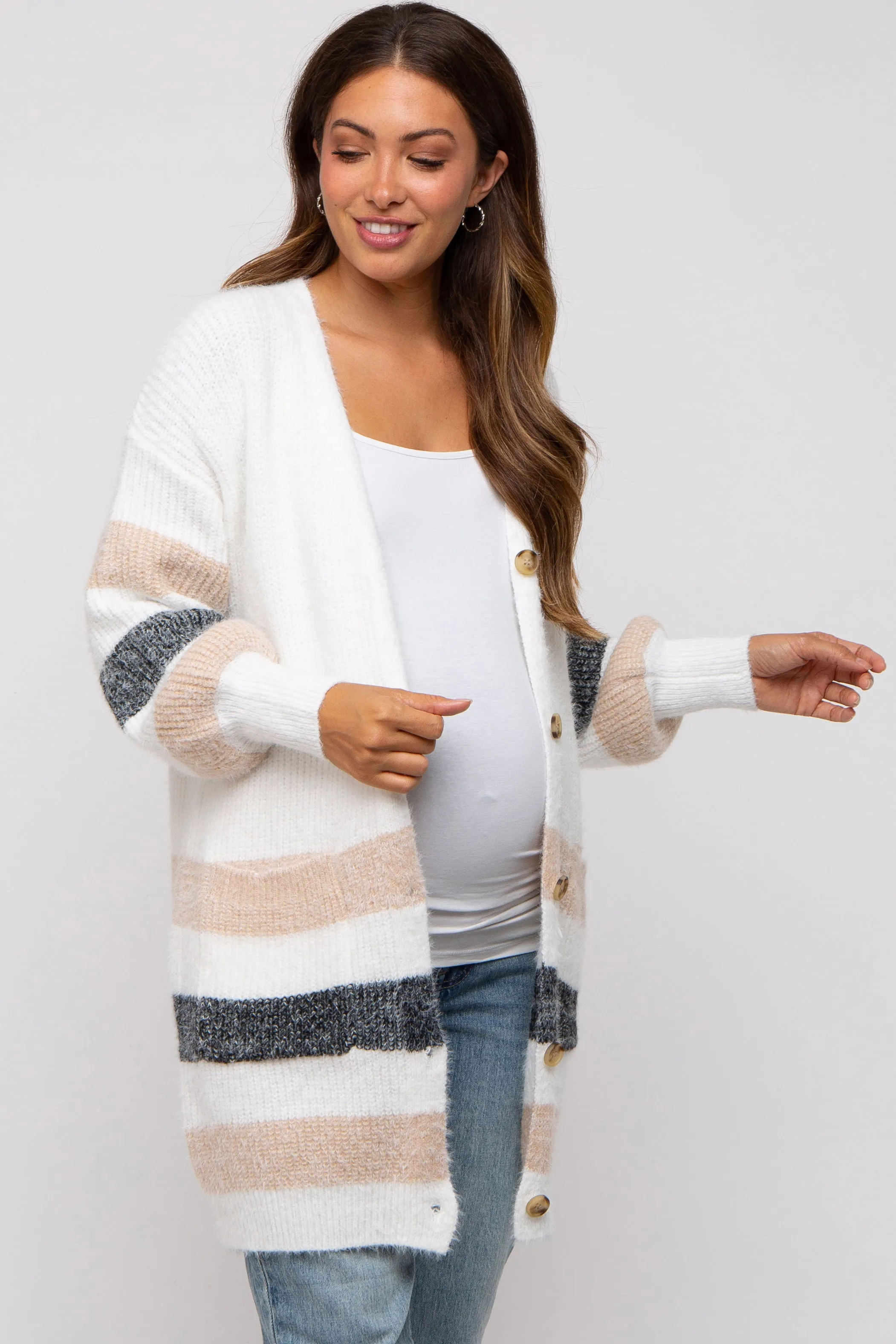 White Striped Eyelash Knit Button Front Maternity Cardigan sold by Pinkblush product image thumbnail 2
