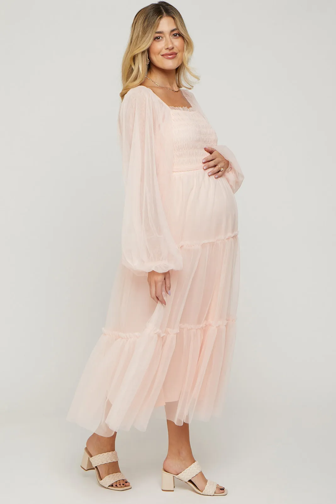 Light Pink Mesh Tiered Long Sleeve Maternity Maxi Dress sold by Pinkblush product image thumbnail 2