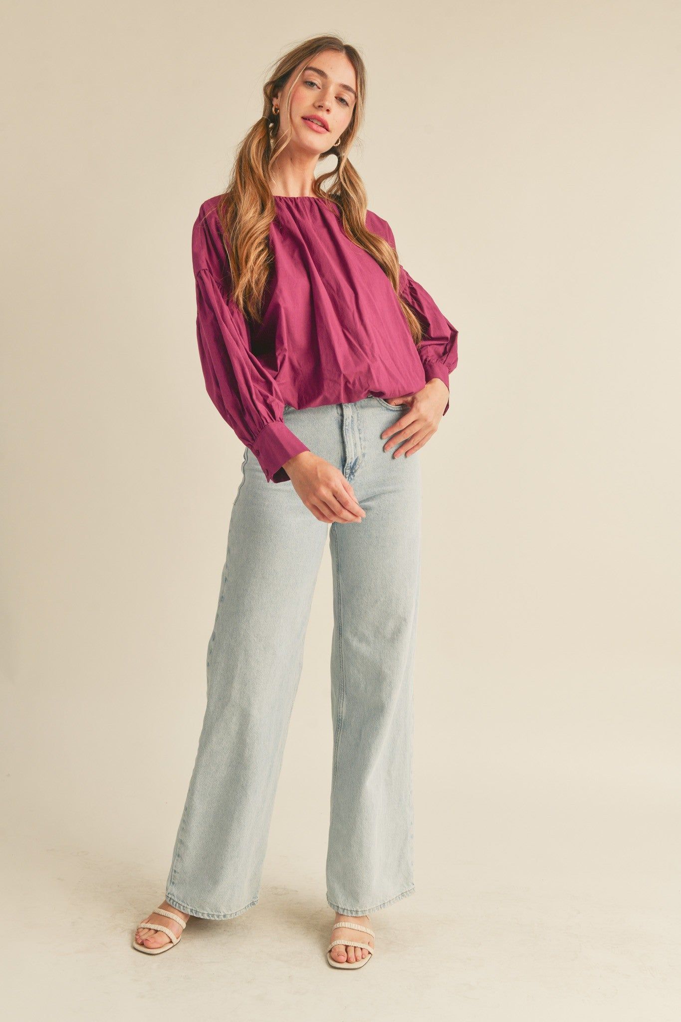 Magenta Balloon Sleeve Cropped Bubble Hem Top sold by Pinkblush product image thumbnail 3