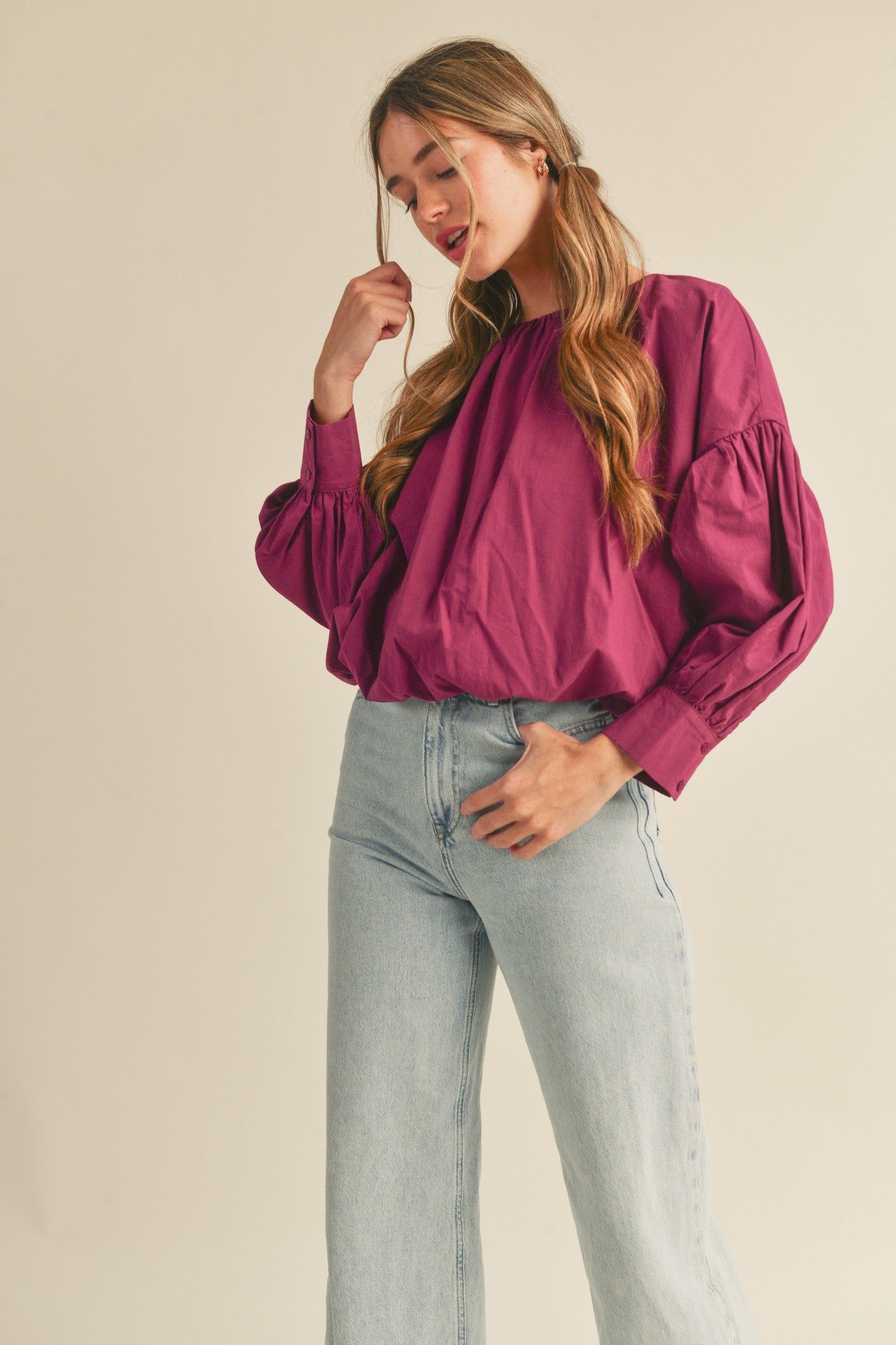 Magenta Balloon Sleeve Cropped Bubble Hem Top sold by Pinkblush