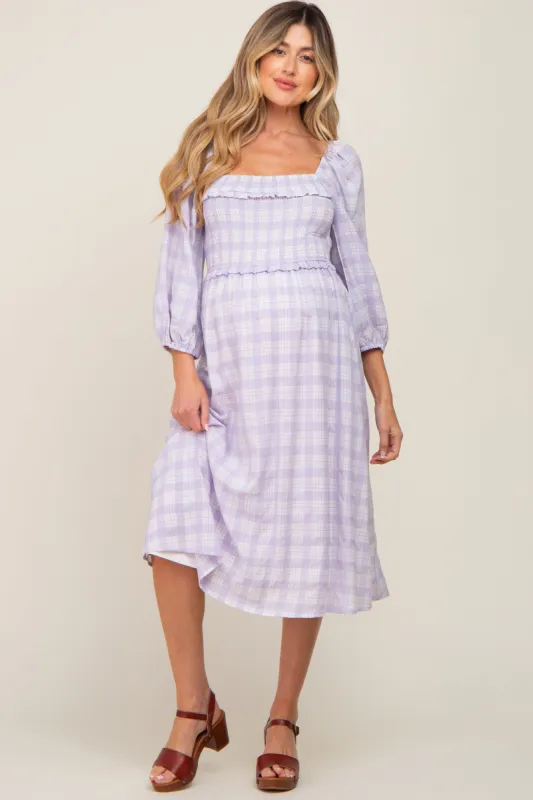 Lavender Plaid Smocked Square Neck Lace-Up Back Maternity Midi Dress sold by Pinkblush