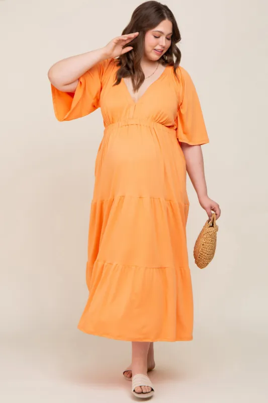 Orange Deep V-Neck Tiered Maternity Plus Maxi Dress sold by Pinkblush