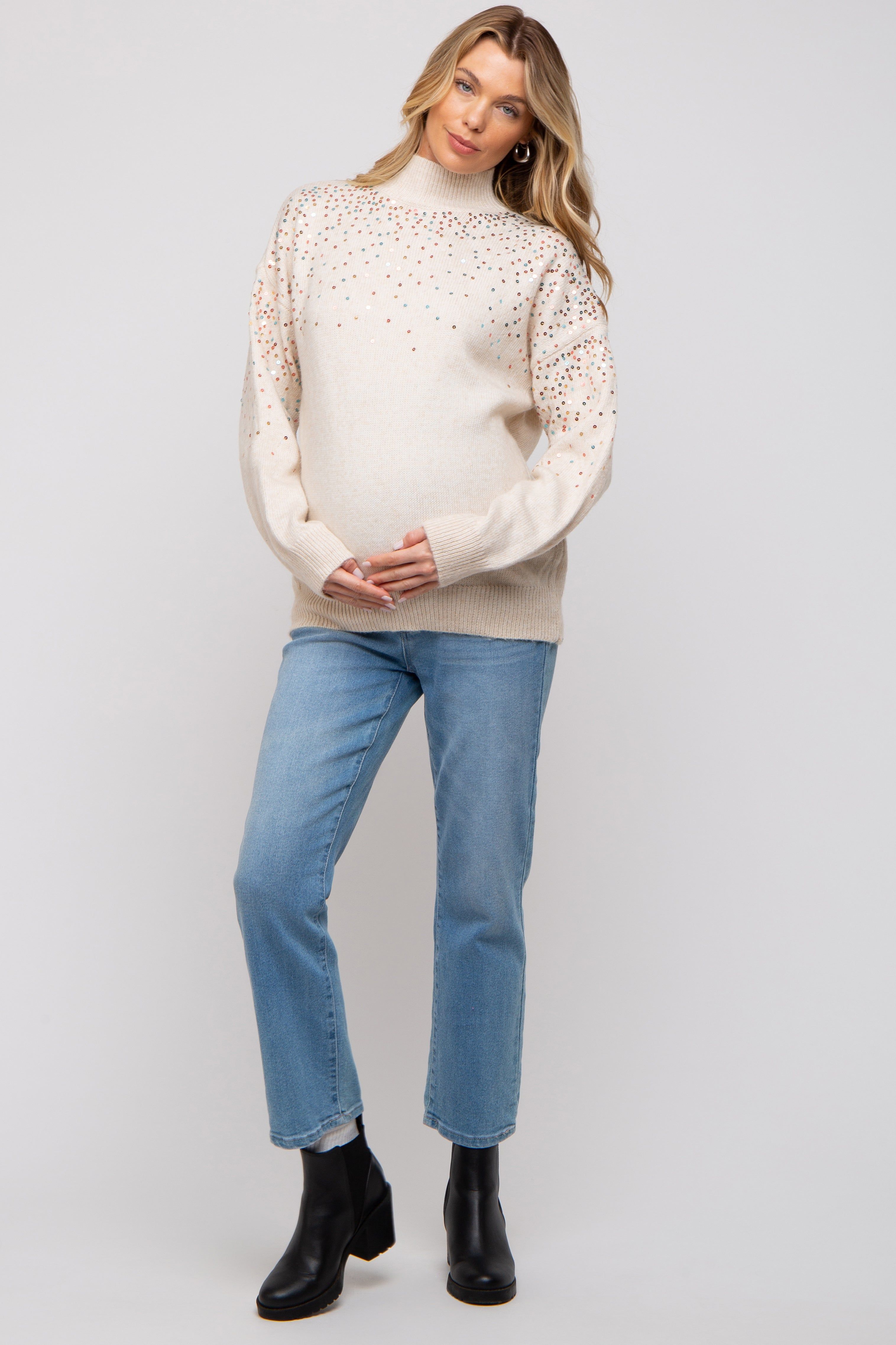 Beige Knit Sequin Mock Neck Maternity Sweater sold by Pinkblush product image thumbnail 3