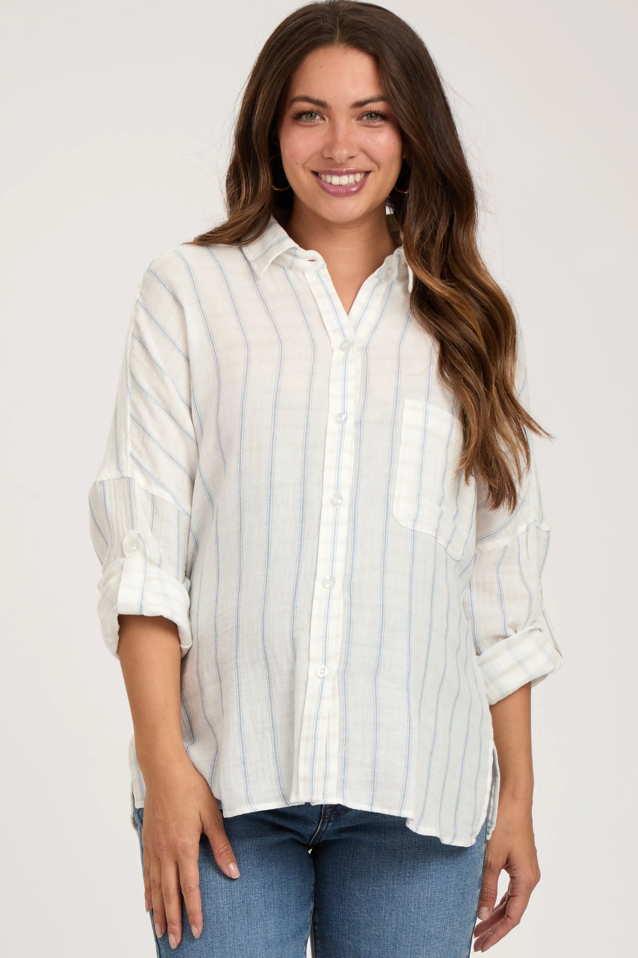 Ivory Striped Gauze Button Down Maternity Top sold by Pinkblush