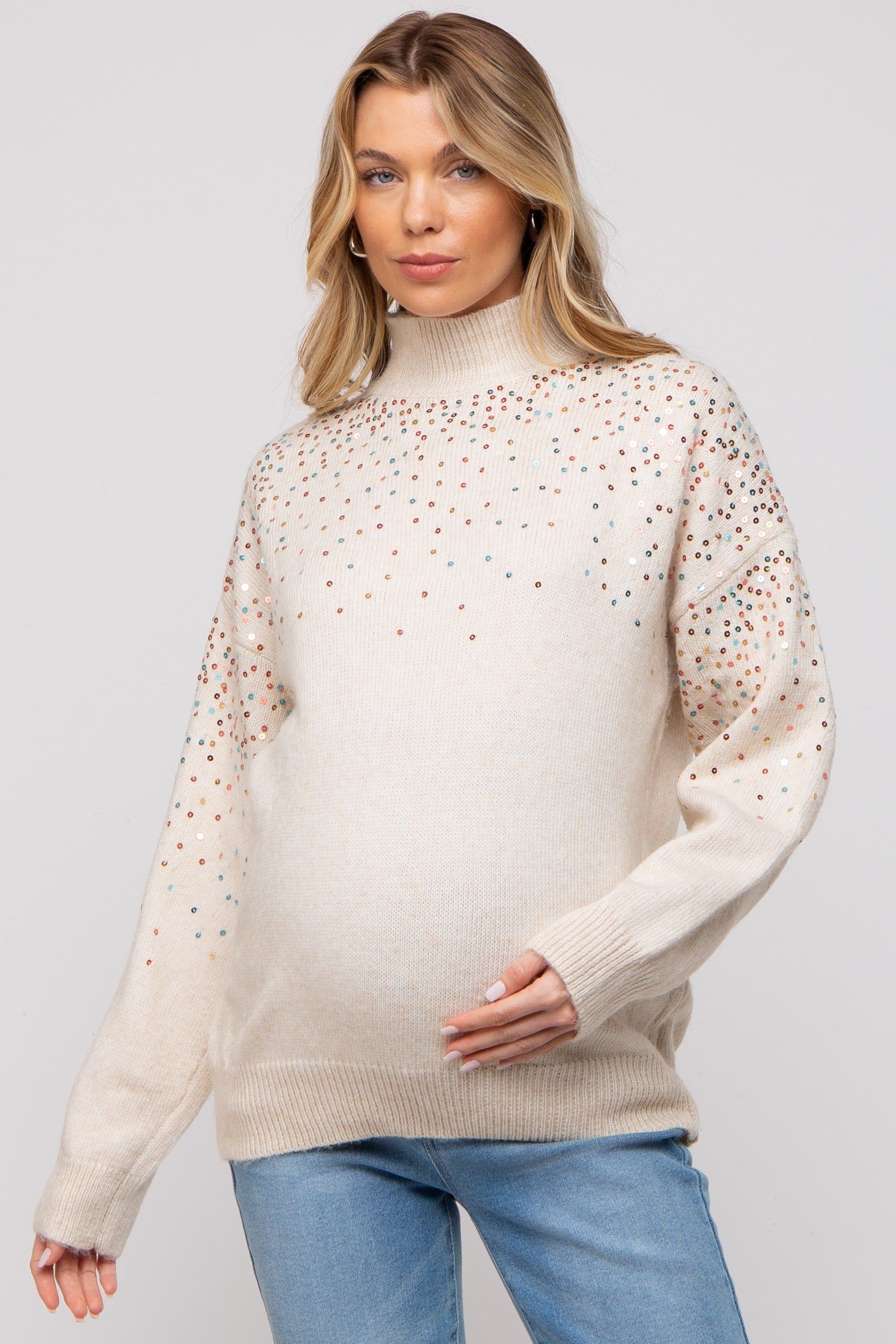 Beige Knit Sequin Mock Neck Maternity Sweater sold by Pinkblush