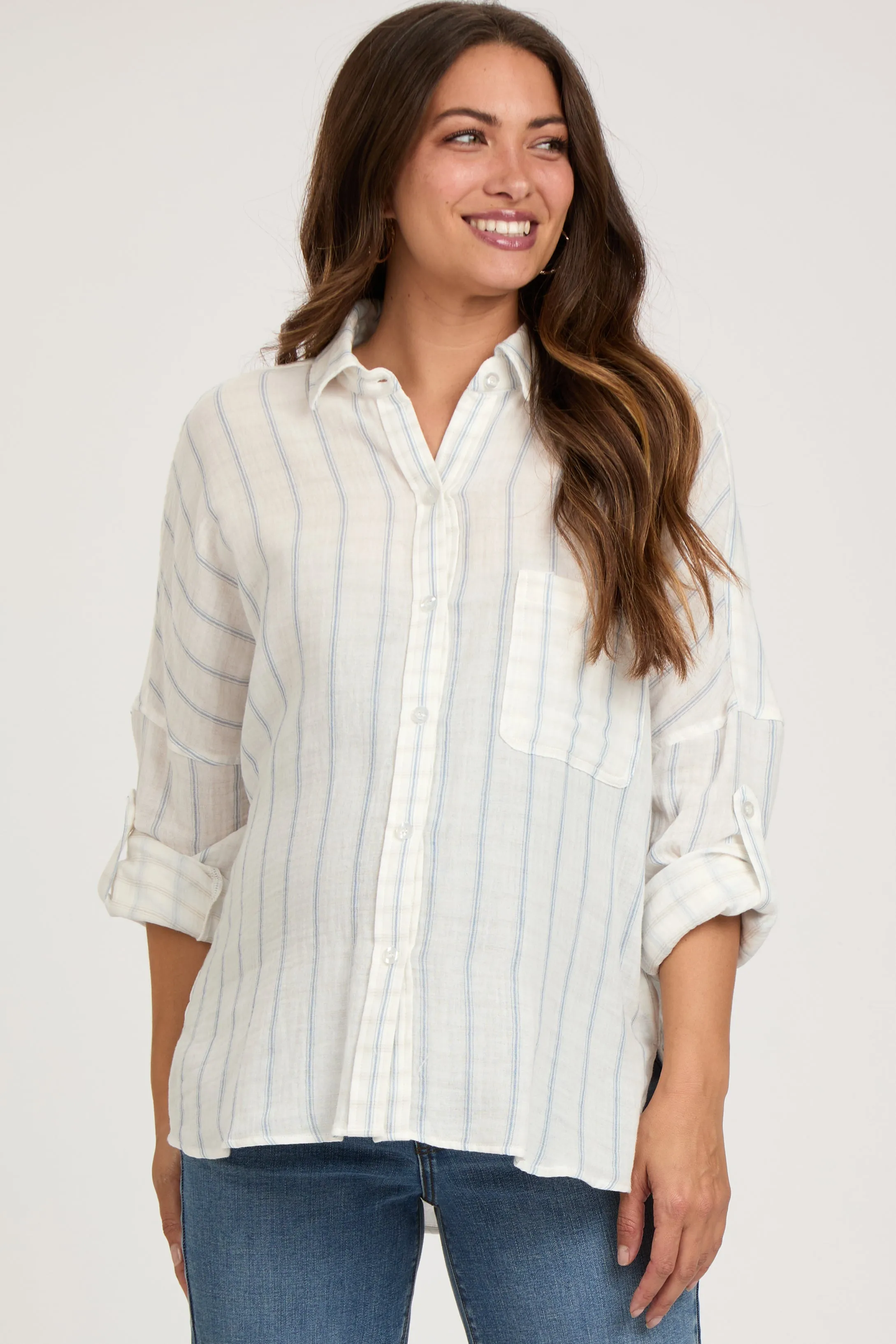 Ivory Striped Gauze Button Down Maternity Top sold by Pinkblush product image thumbnail 2