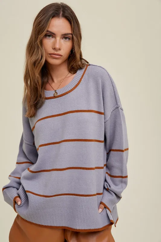 Blue Striped Sweater With Side Slits sold by Pinkblush