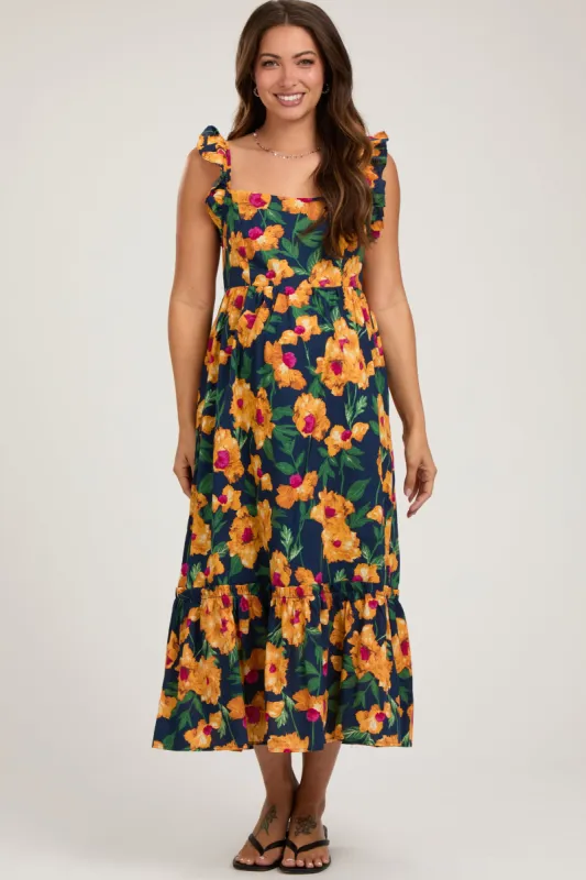 Navy Blue Floral Square Neck Ruffle Shoulder Maternity Midi Dress sold by Pinkblush