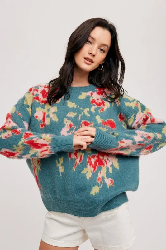 Teal Floral Print Sweater Pullover sold by Pinkblush