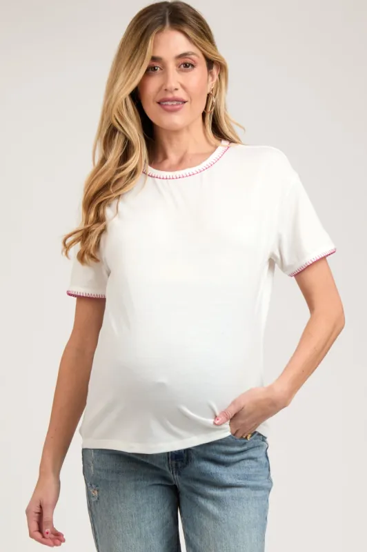 Ivory Embroidered Stitch Short Sleeve Maternity Top sold by Pinkblush