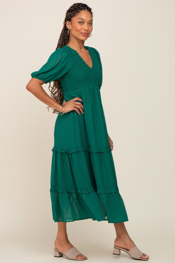 Forest Green Chiffon Smocked V-Neck Ruffle Tiered Midi Dress sold by Pinkblush product image thumbnail 2
