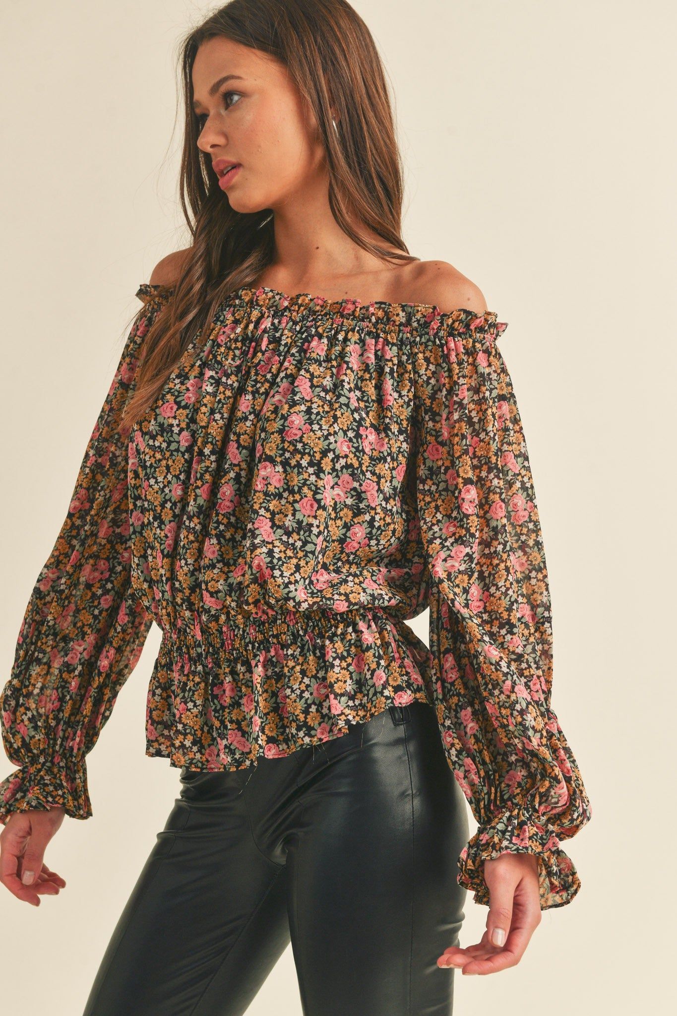 Black Floral Off The Shoulder Floral Top sold by Pinkblush product image thumbnail 3