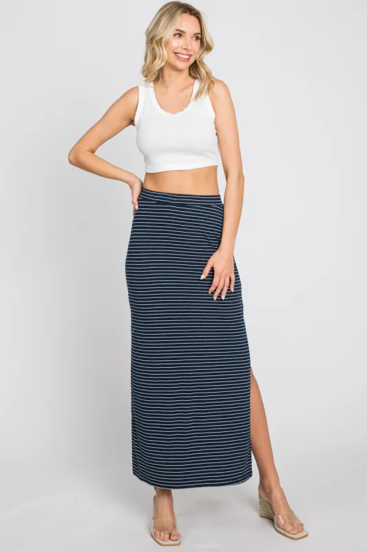 Navy Striped Side Slit Maxi Skirt sold by Pinkblush