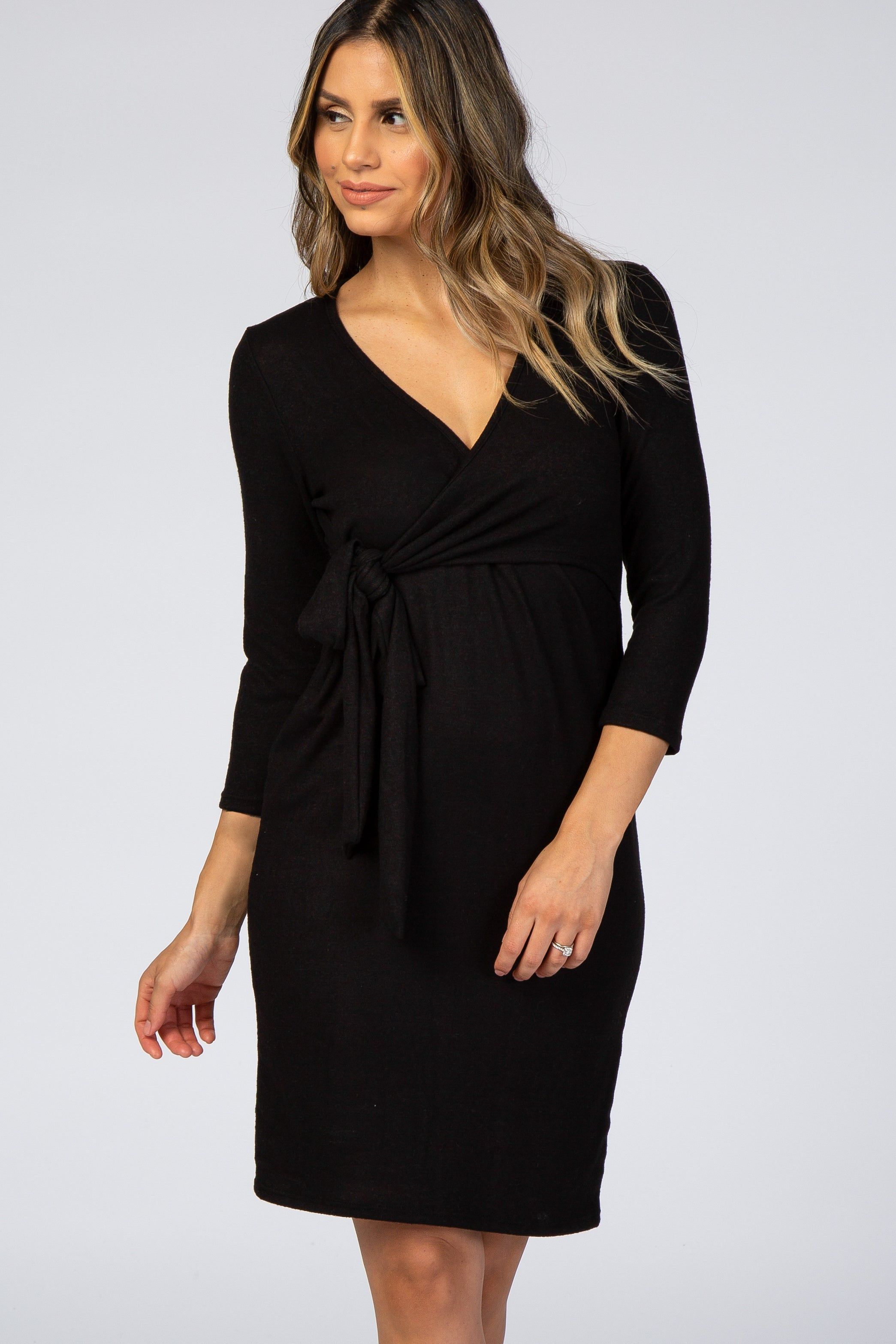 Black Brushed Knit Wrap Fitted Nursing Dress sold by Pinkblush product image thumbnail 2