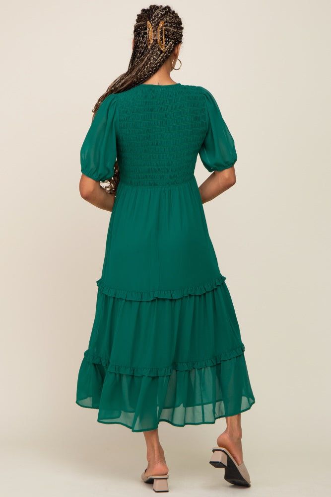 Forest Green Chiffon Smocked V-Neck Ruffle Tiered Midi Dress sold by Pinkblush product image thumbnail 3