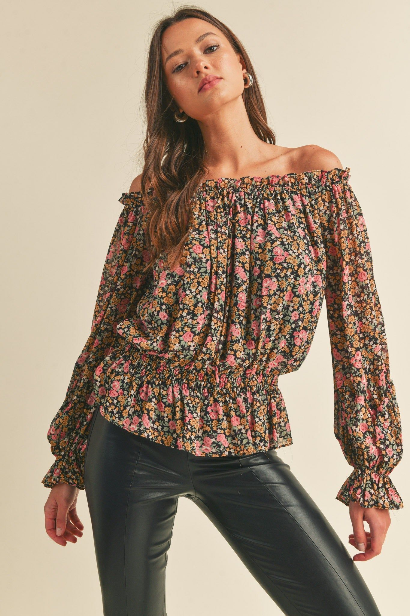 Black Floral Off The Shoulder Floral Top sold by Pinkblush
