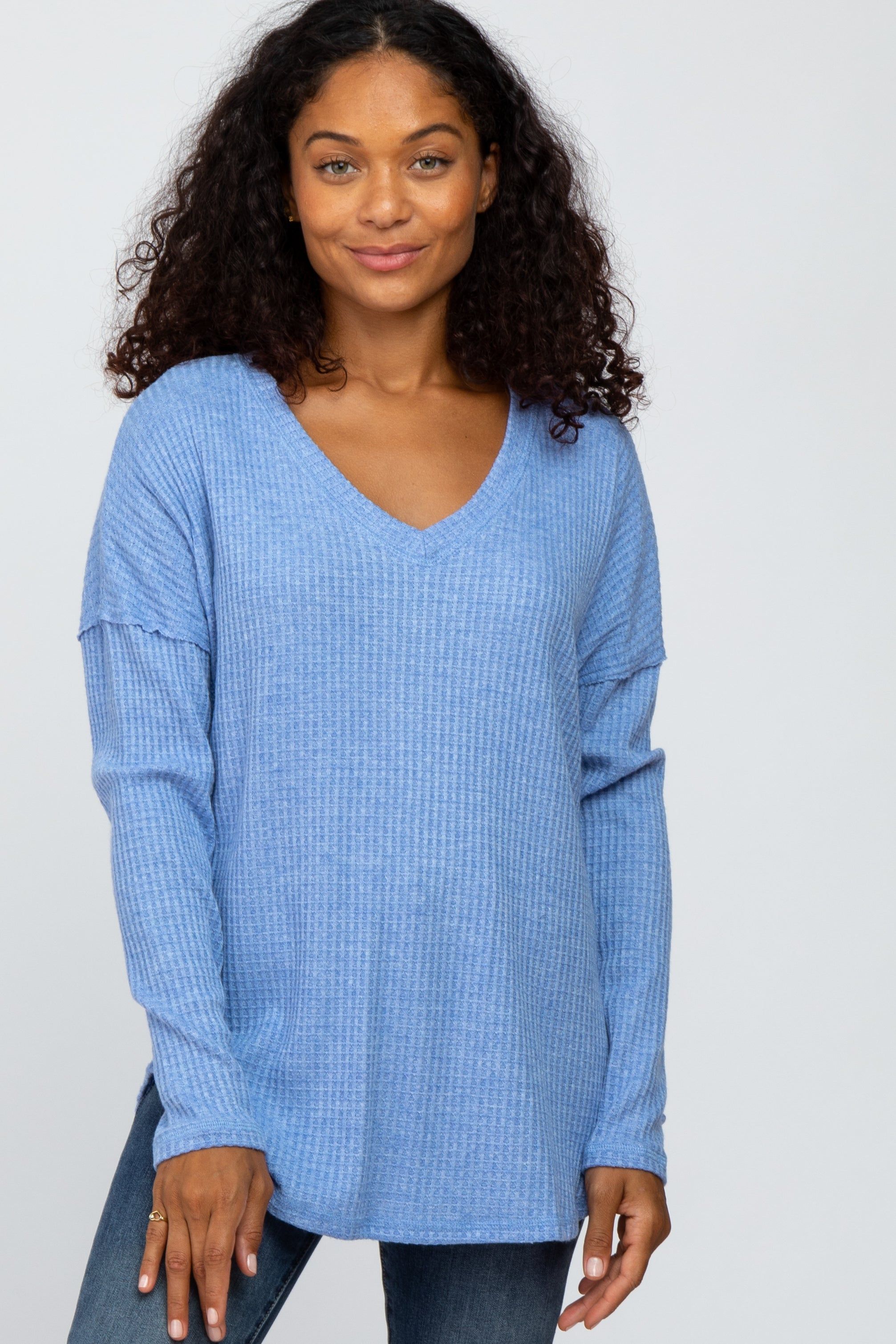 Blue Waffle Knit Long Sleeve Top sold by Pinkblush