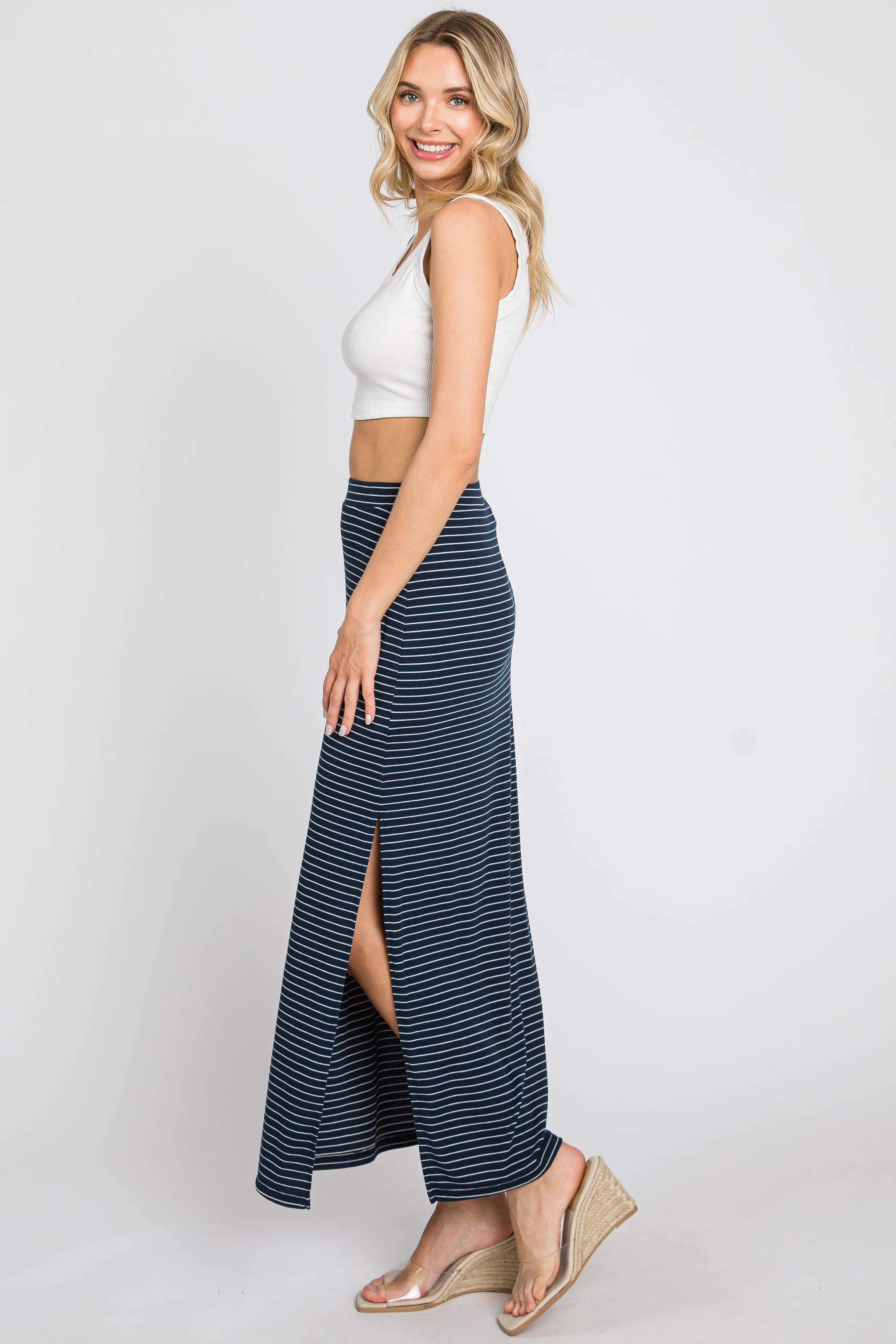 Navy Striped Side Slit Maxi Skirt sold by Pinkblush product image thumbnail 2