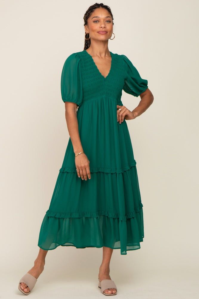 Forest Green Chiffon Smocked V-Neck Ruffle Tiered Midi Dress sold by Pinkblush product image thumbnail 4
