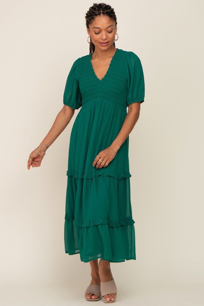 Forest Green Chiffon Smocked V-Neck Ruffle Tiered Midi Dress sold by Pinkblush