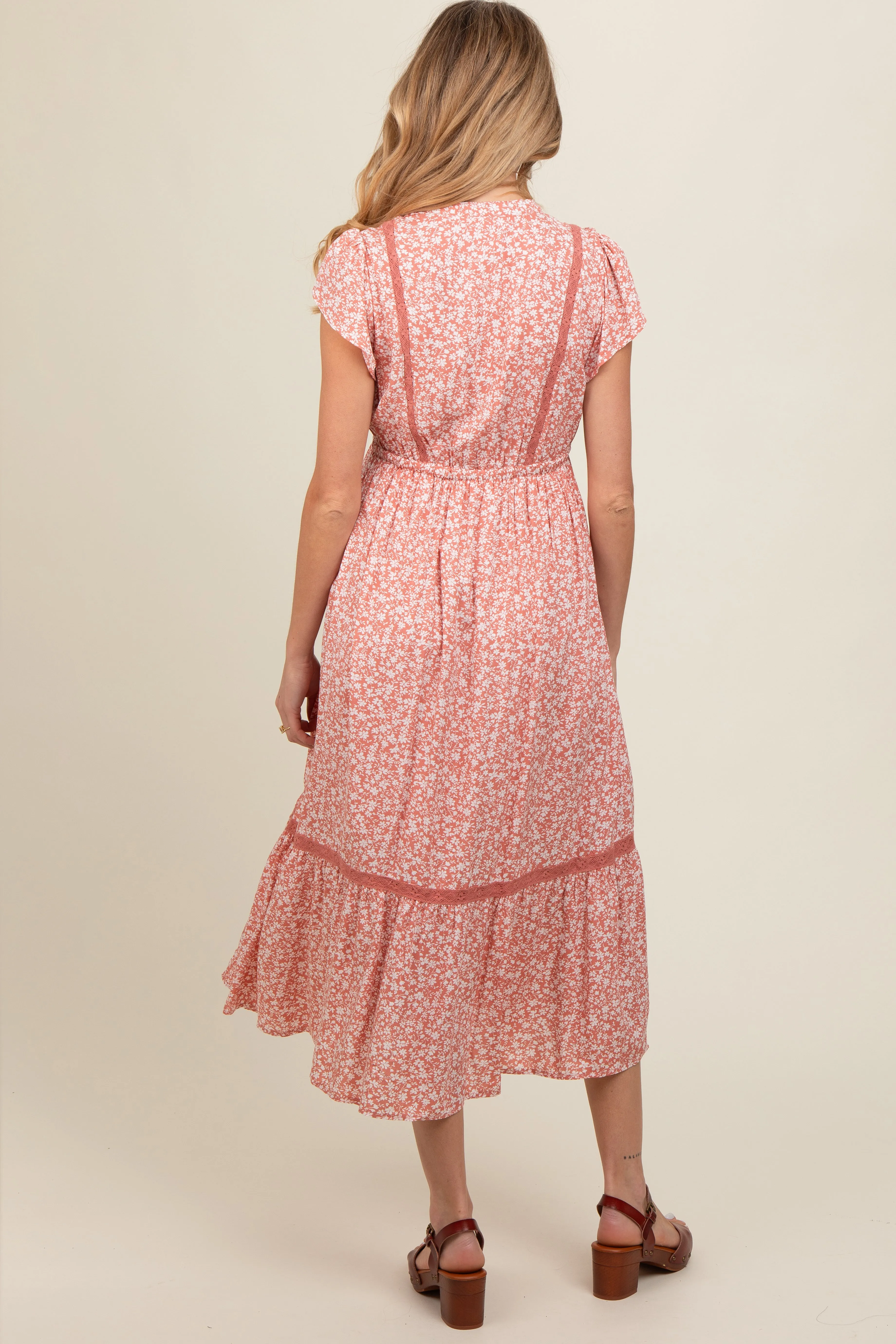 Salmon Floral Lace Trim Maternity Midi Dress sold by Pinkblush product image thumbnail 4