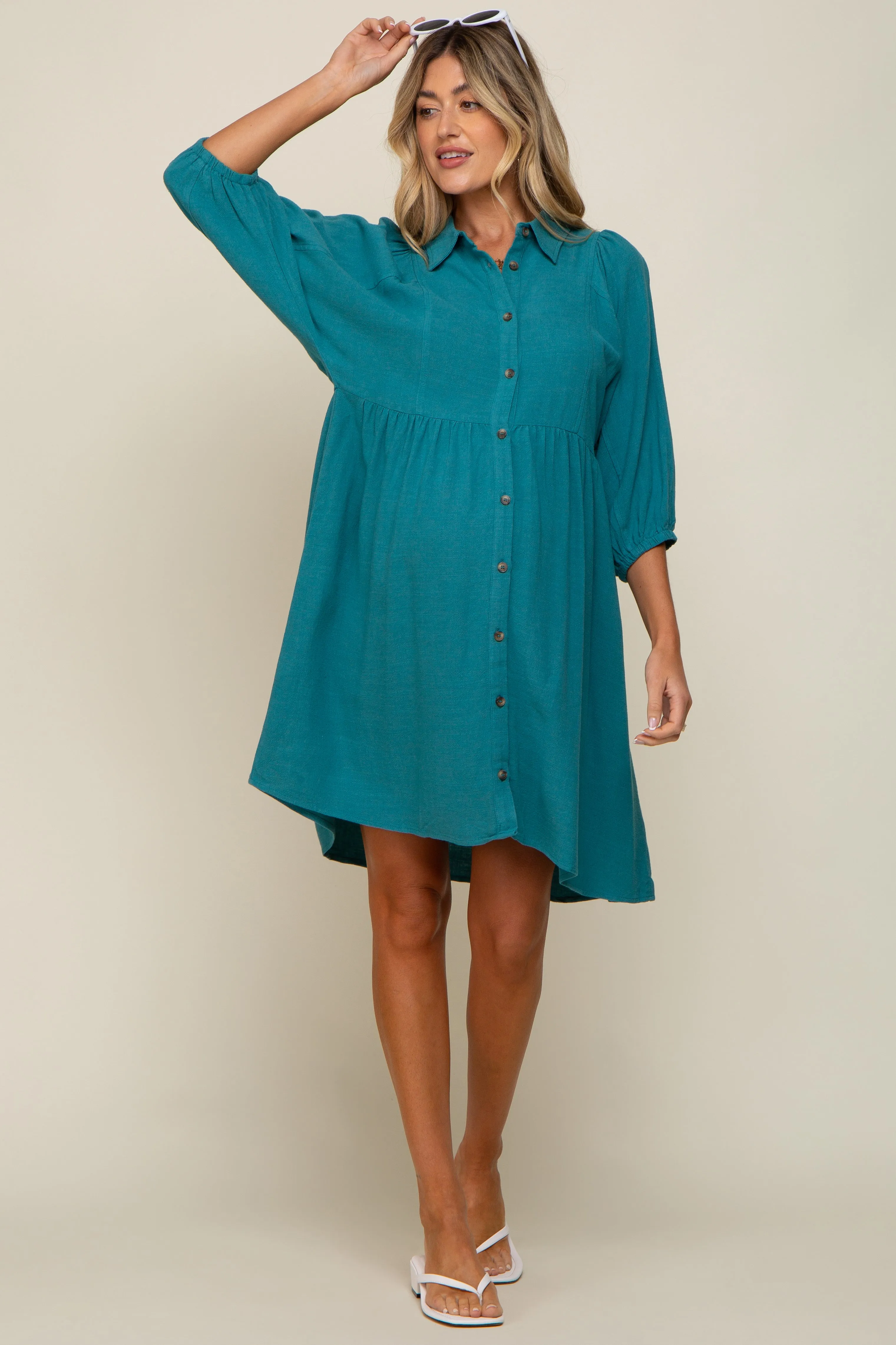 Teal Button Down Collared Maternity Dress sold by Pinkblush product image thumbnail 5