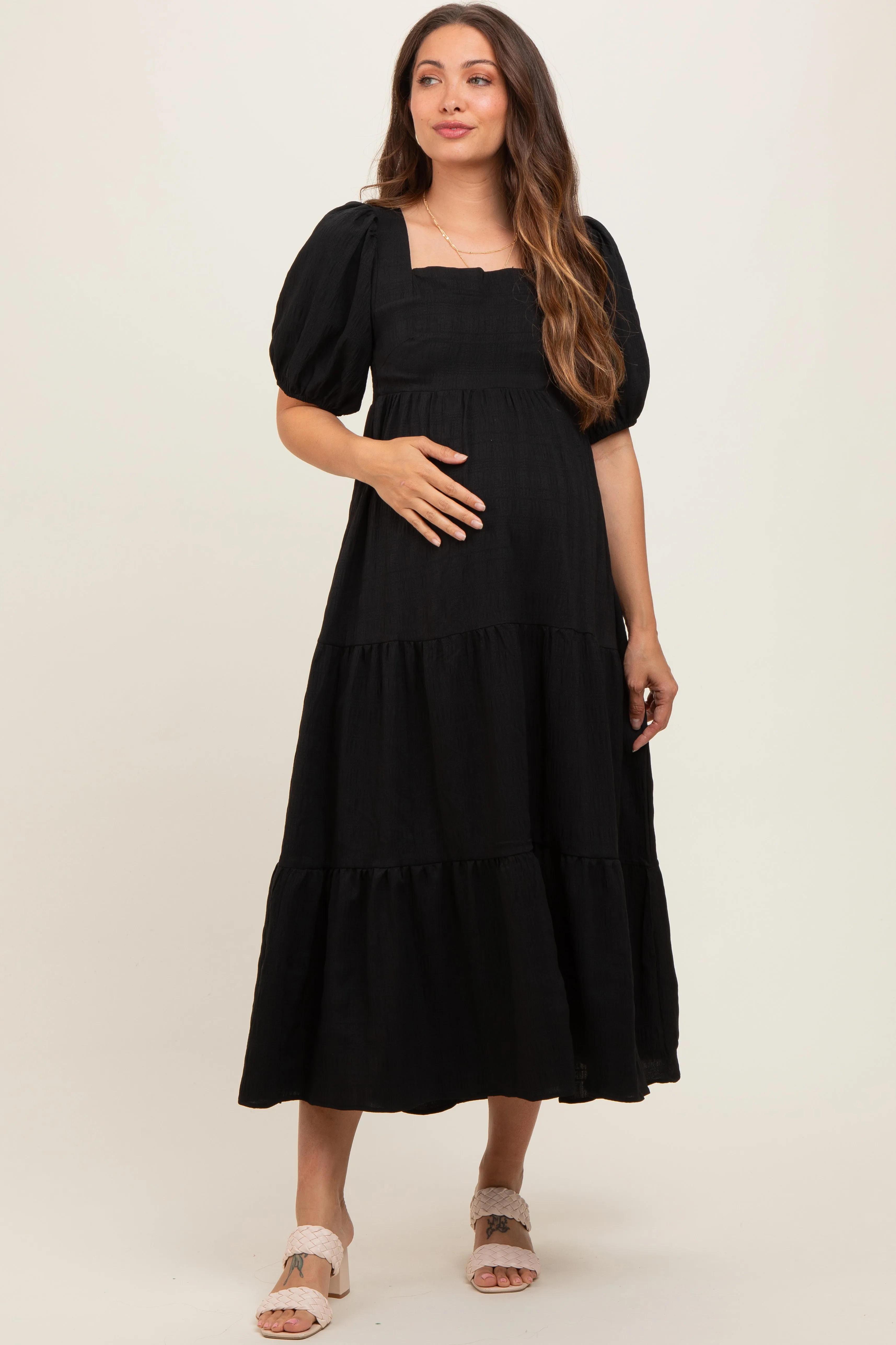Black Textured Maternity Tiered Midi Dress sold by Pinkblush