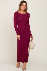 Burgundy Ribbed Fitted Long Sleeve Maxi Dress sold by Pinkblush