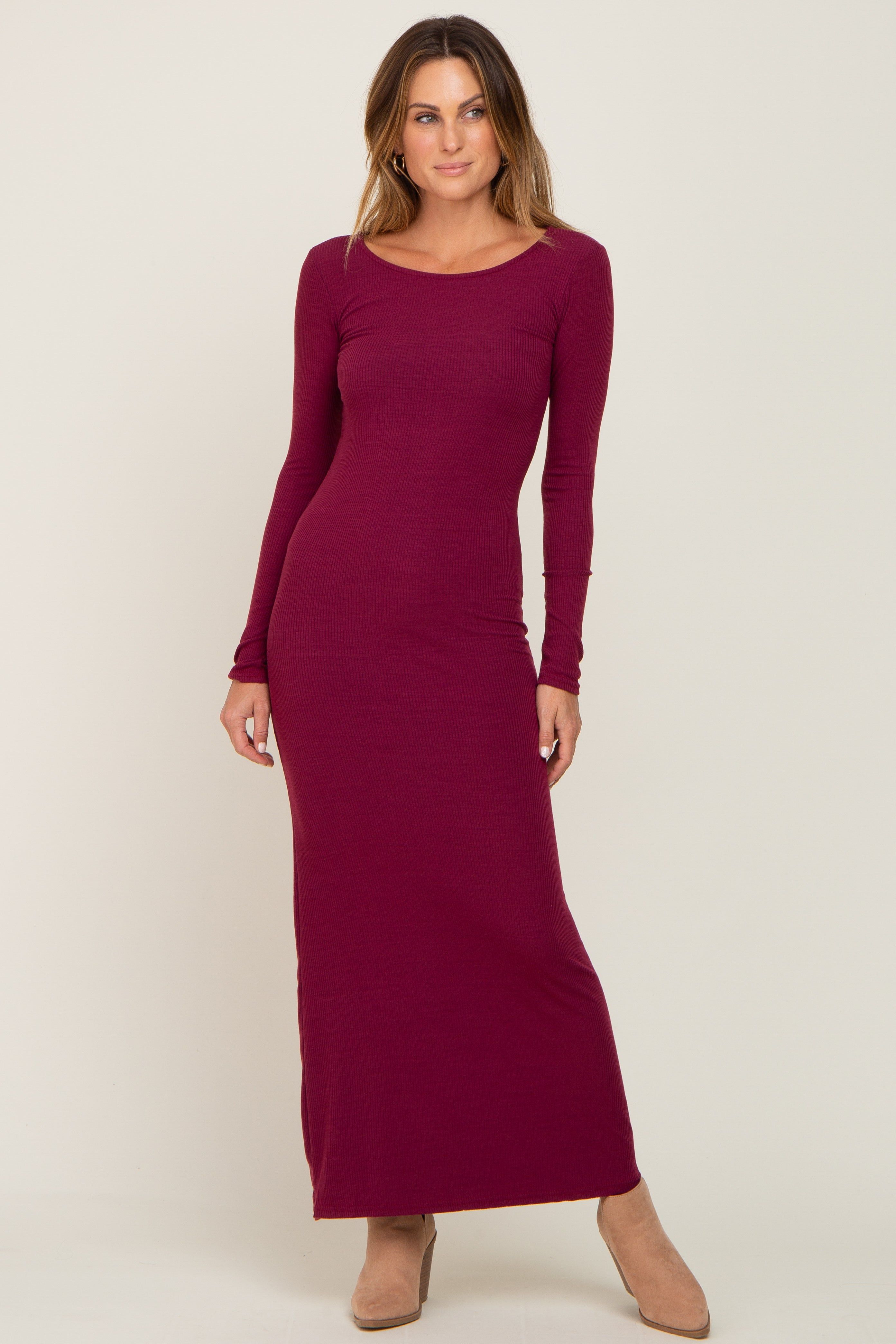 Burgundy Ribbed Fitted Long Sleeve Maxi Dress sold by Pinkblush product image thumbnail 4