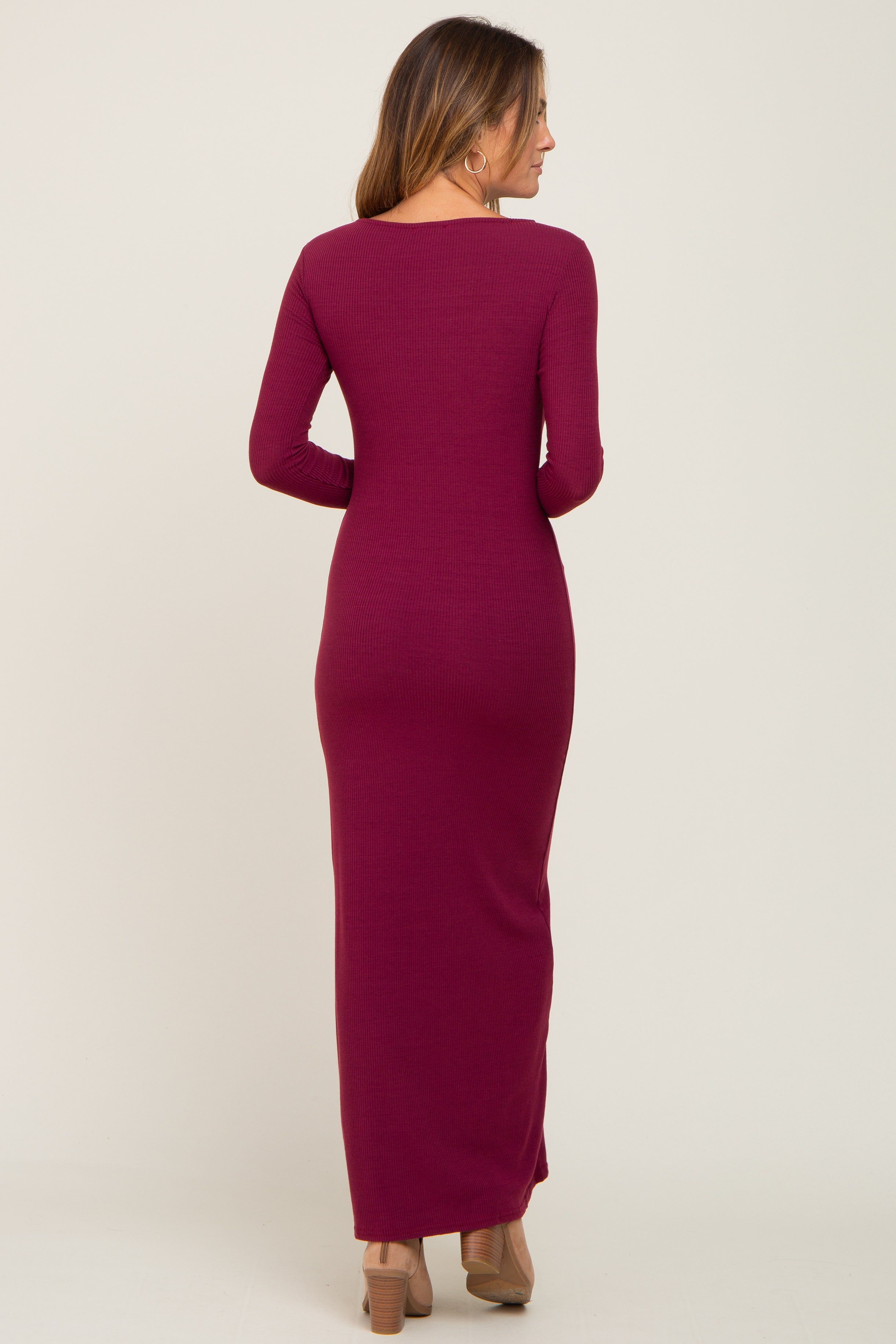 Burgundy Ribbed Fitted Long Sleeve Maxi Dress sold by Pinkblush product image thumbnail 3
