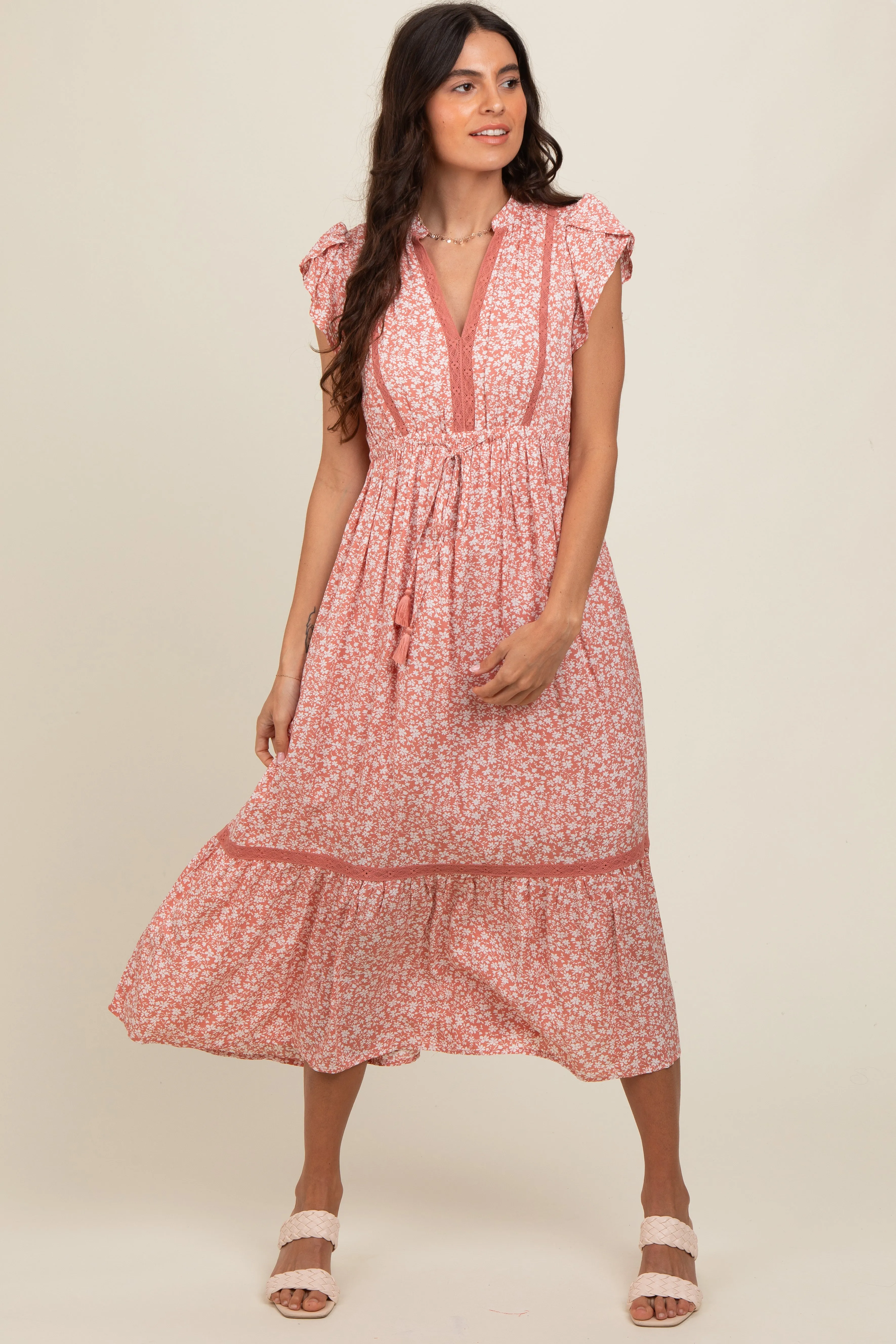 Salmon Floral Lace Trim Maternity Midi Dress sold by Pinkblush product image thumbnail 5