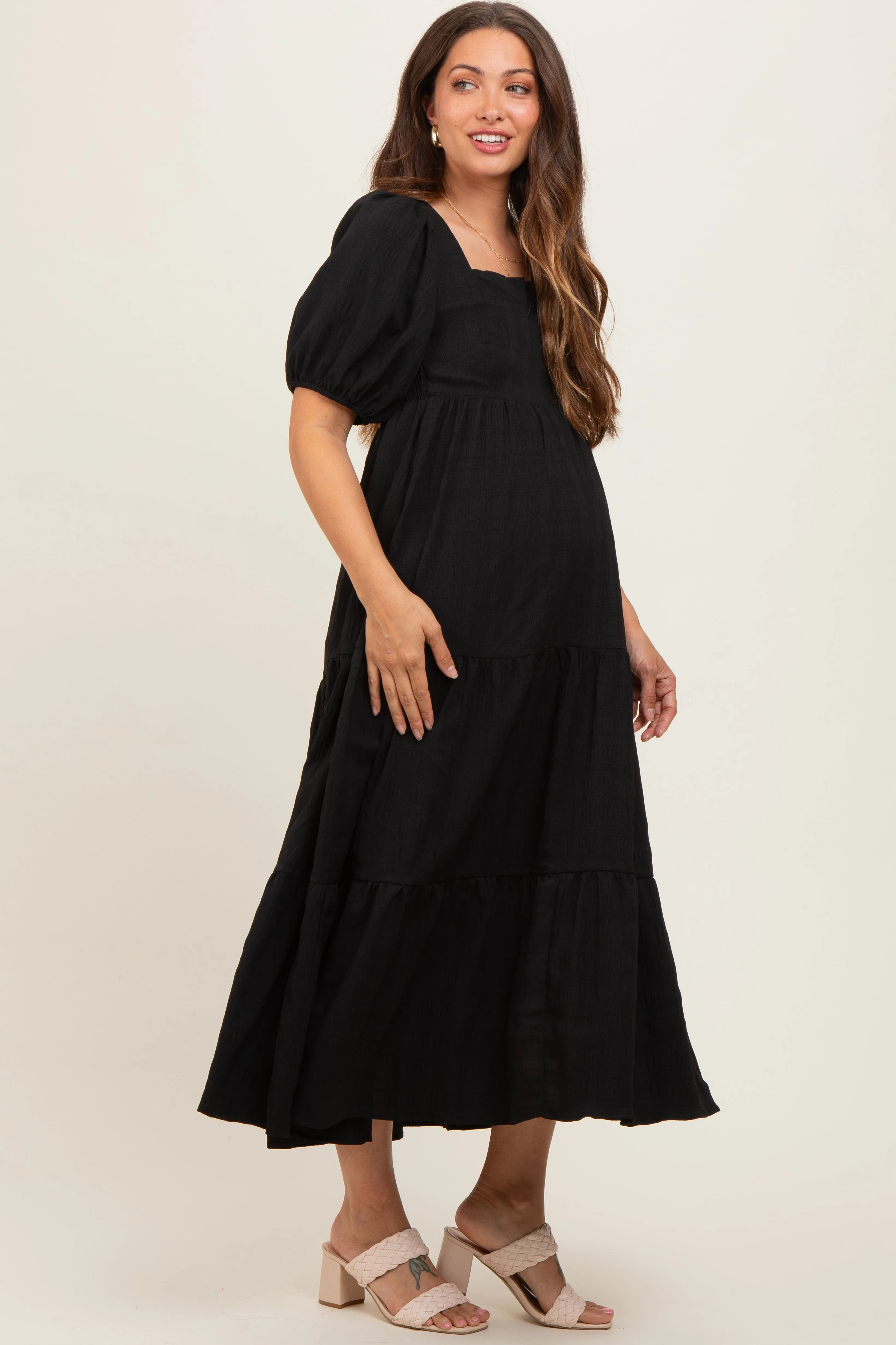 Black Textured Maternity Tiered Midi Dress sold by Pinkblush product image thumbnail 2