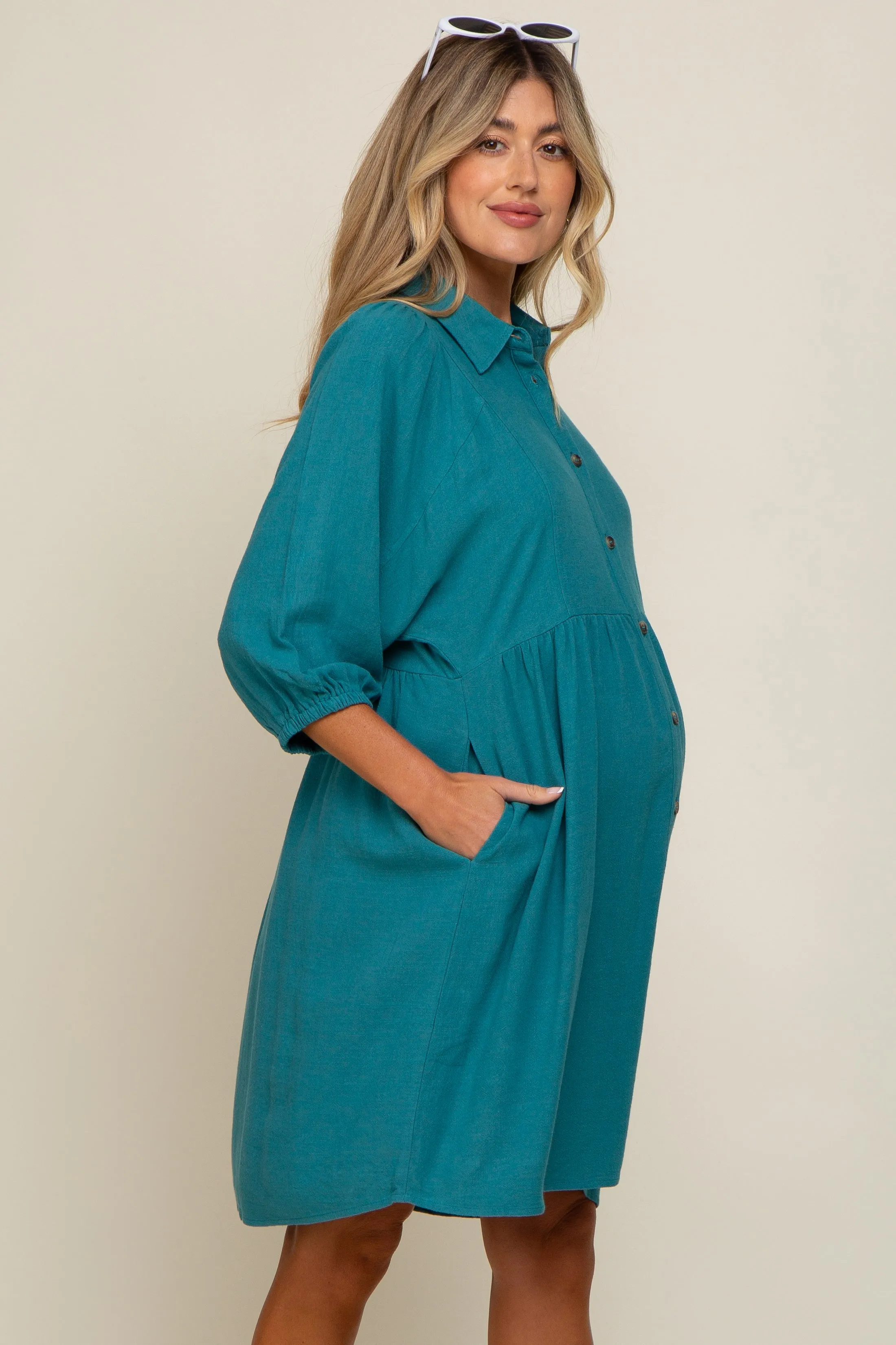 Teal Button Down Collared Maternity Dress sold by Pinkblush product image thumbnail 3