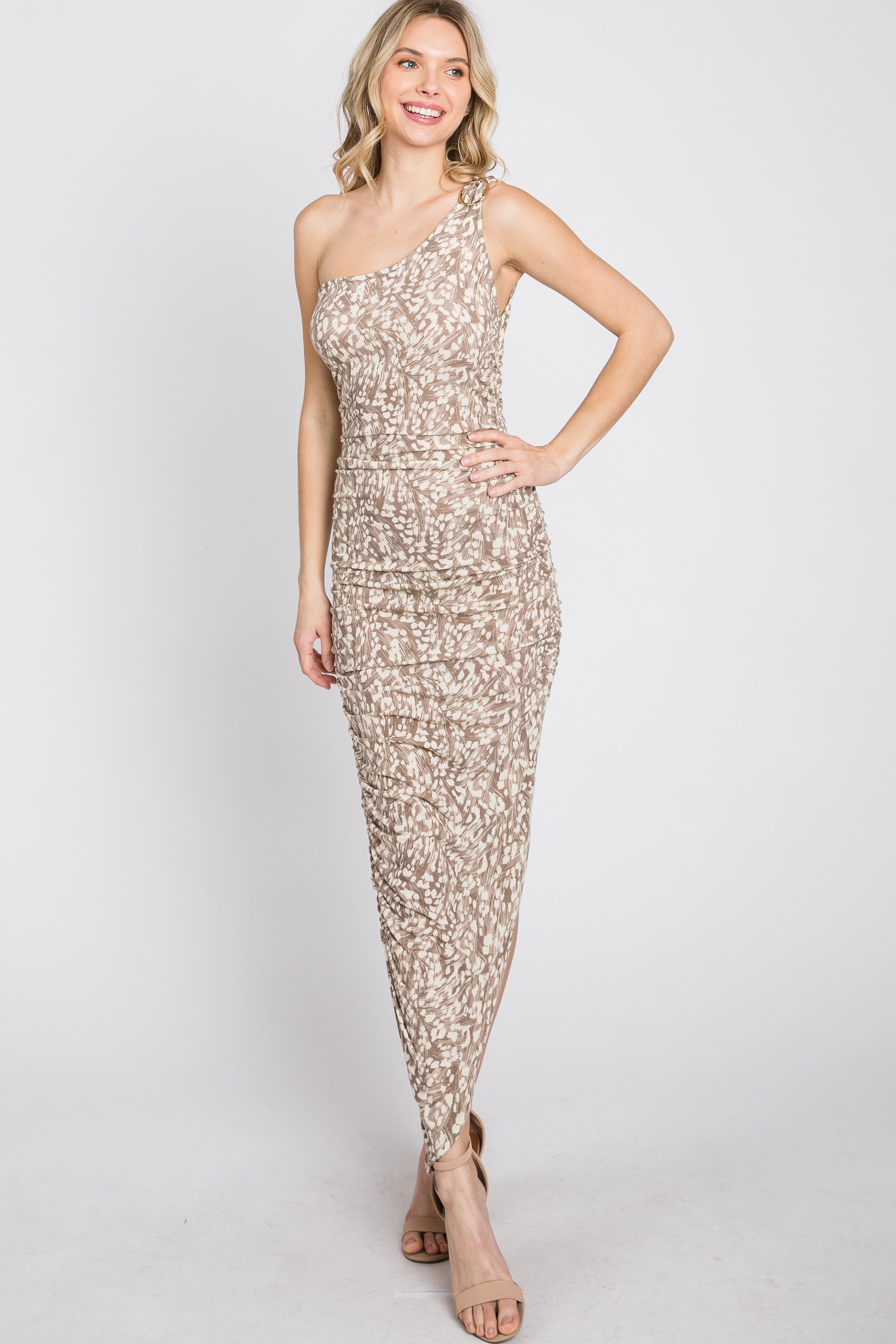 Mocha One Shoulder Printed Ruched Dress sold by Pinkblush product image thumbnail 4