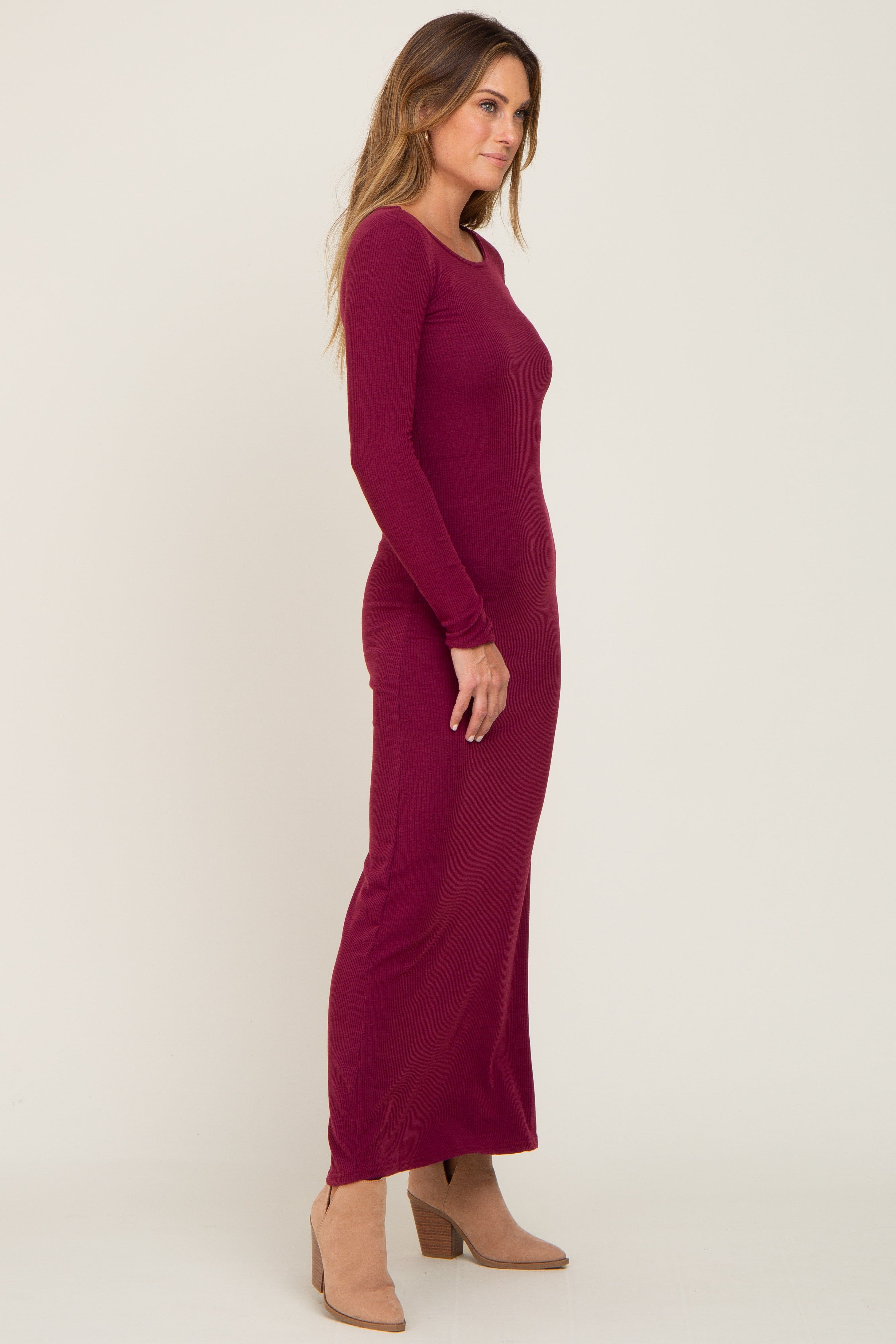 Burgundy Ribbed Fitted Long Sleeve Maxi Dress sold by Pinkblush product image thumbnail 2