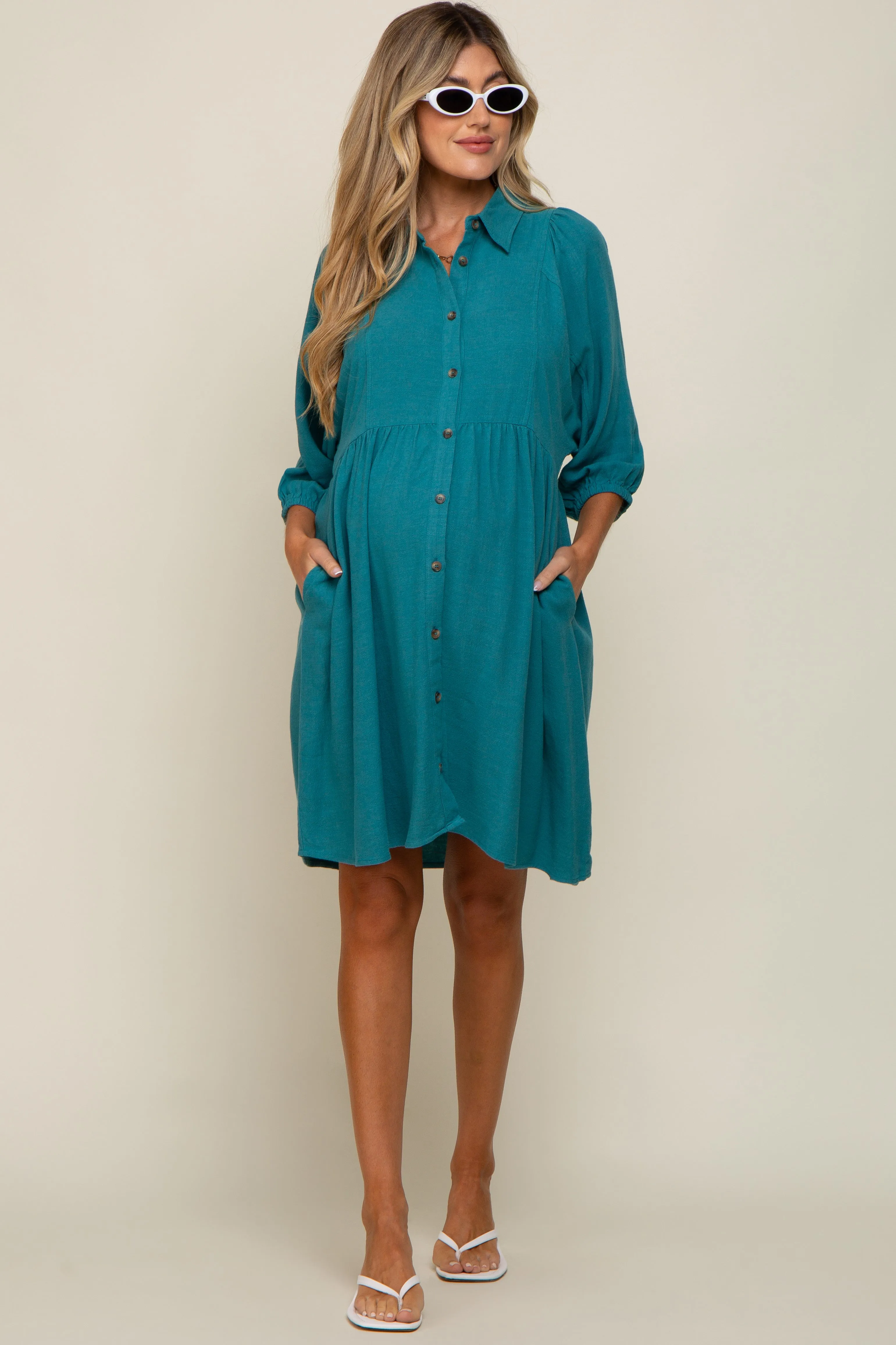 Teal Button Down Collared Maternity Dress sold by Pinkblush