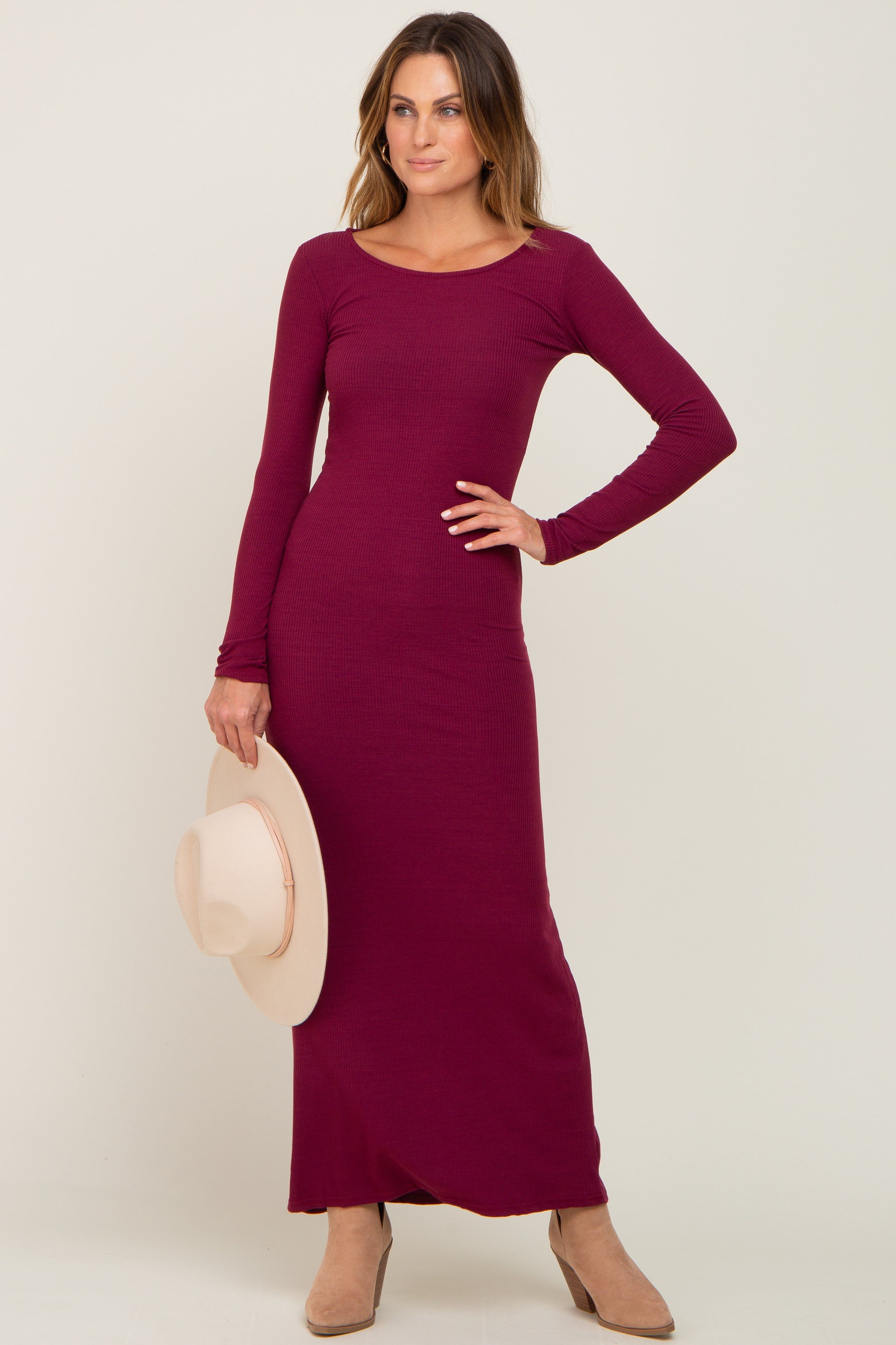 Burgundy Ribbed Fitted Long Sleeve Maxi Dress sold by Pinkblush