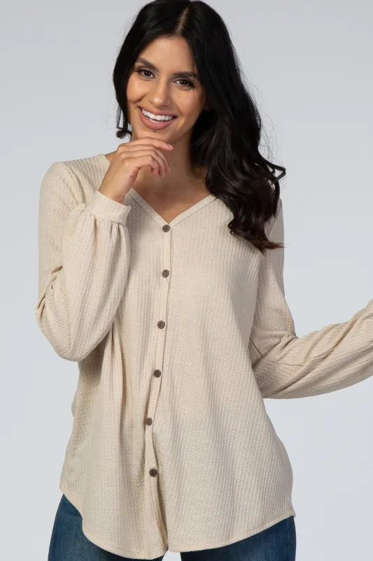 Beige Waffle Knit Button Front Top sold by Pinkblush