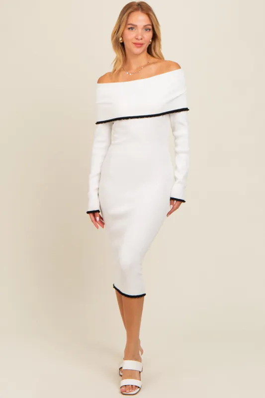 Ivory Knit Off Shoulder Contrast Ruffle Trim Dress sold by Pinkblush